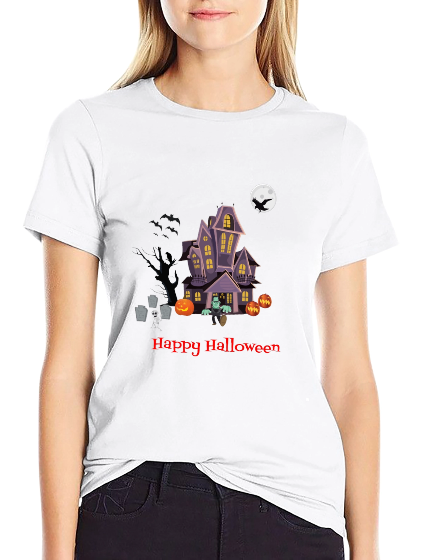 Halloween Graphic Tee - Spooky Haunted House Design