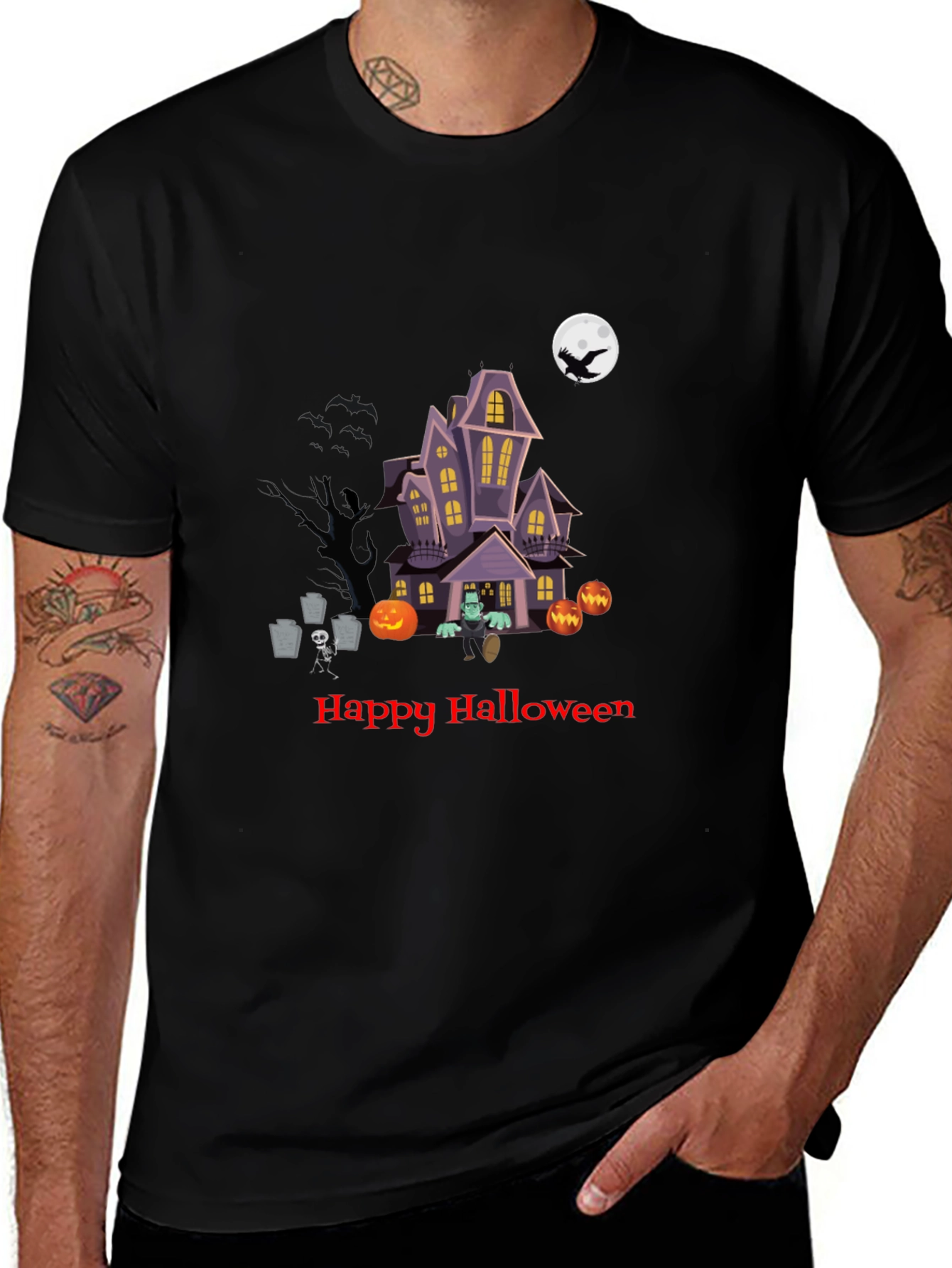 Halloween Graphic Tee - Spooky Haunted House Design