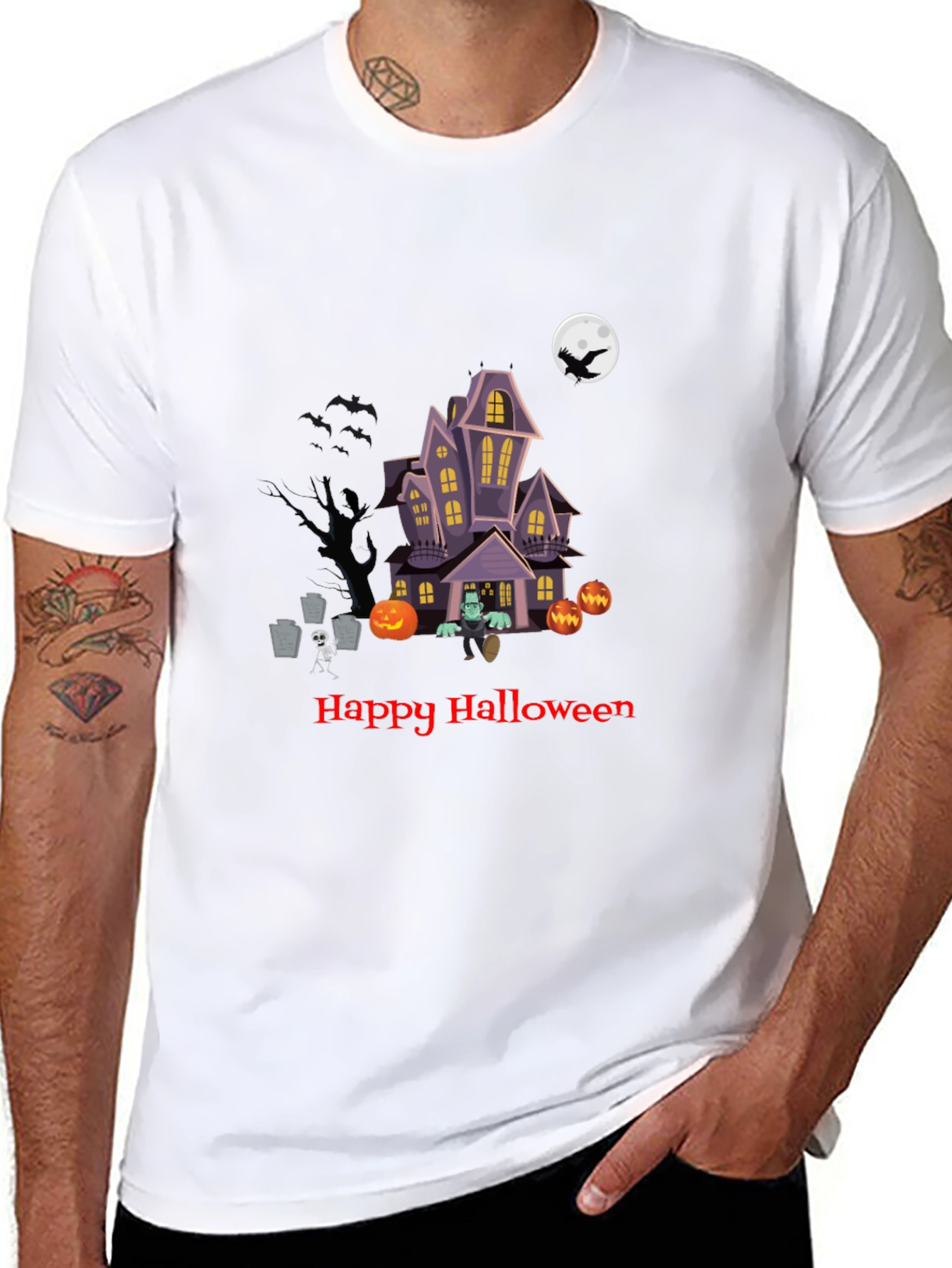 Halloween Graphic Tee - Spooky Haunted House Design
