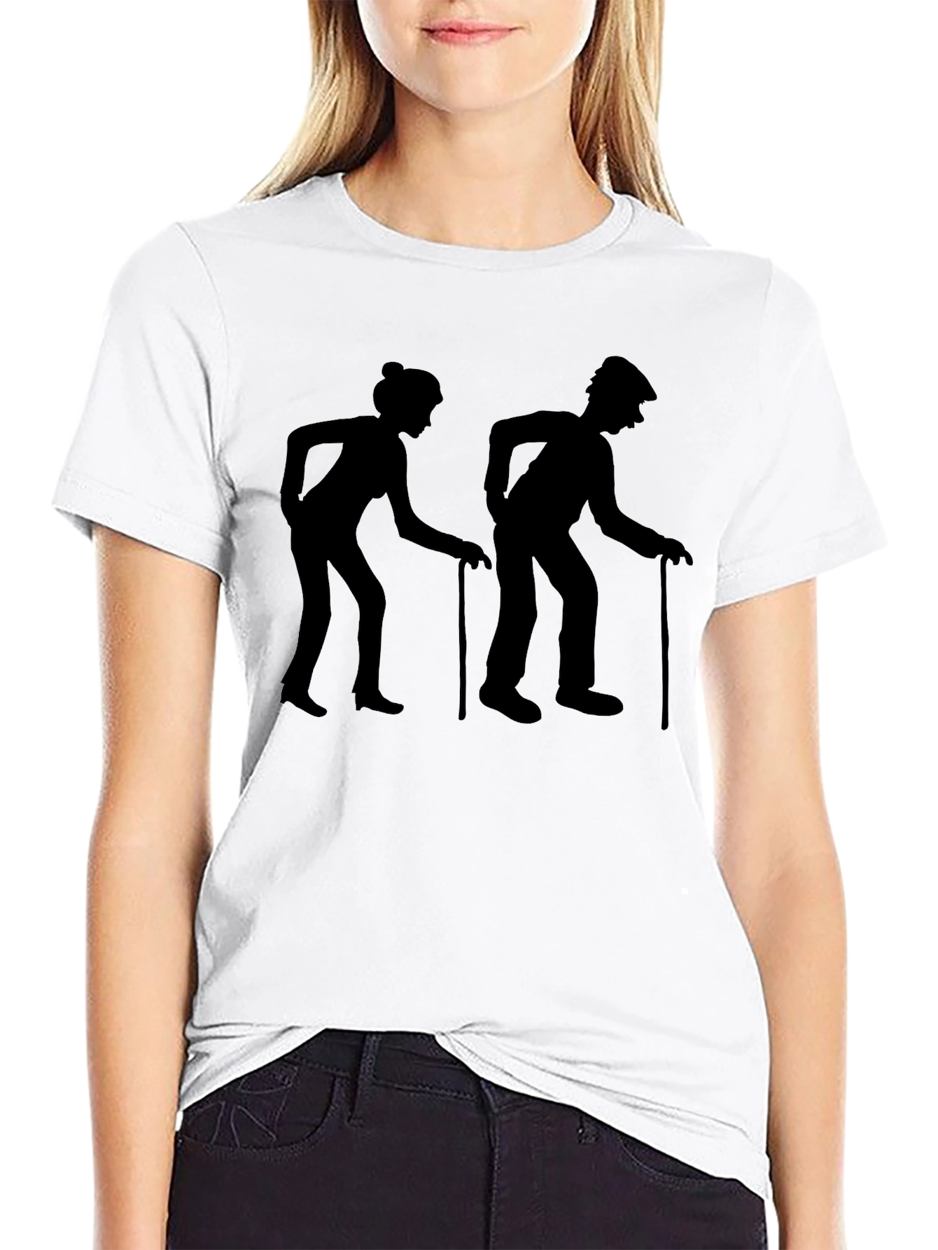 Old Couple Walking Stick Black Graphic T-Shirt