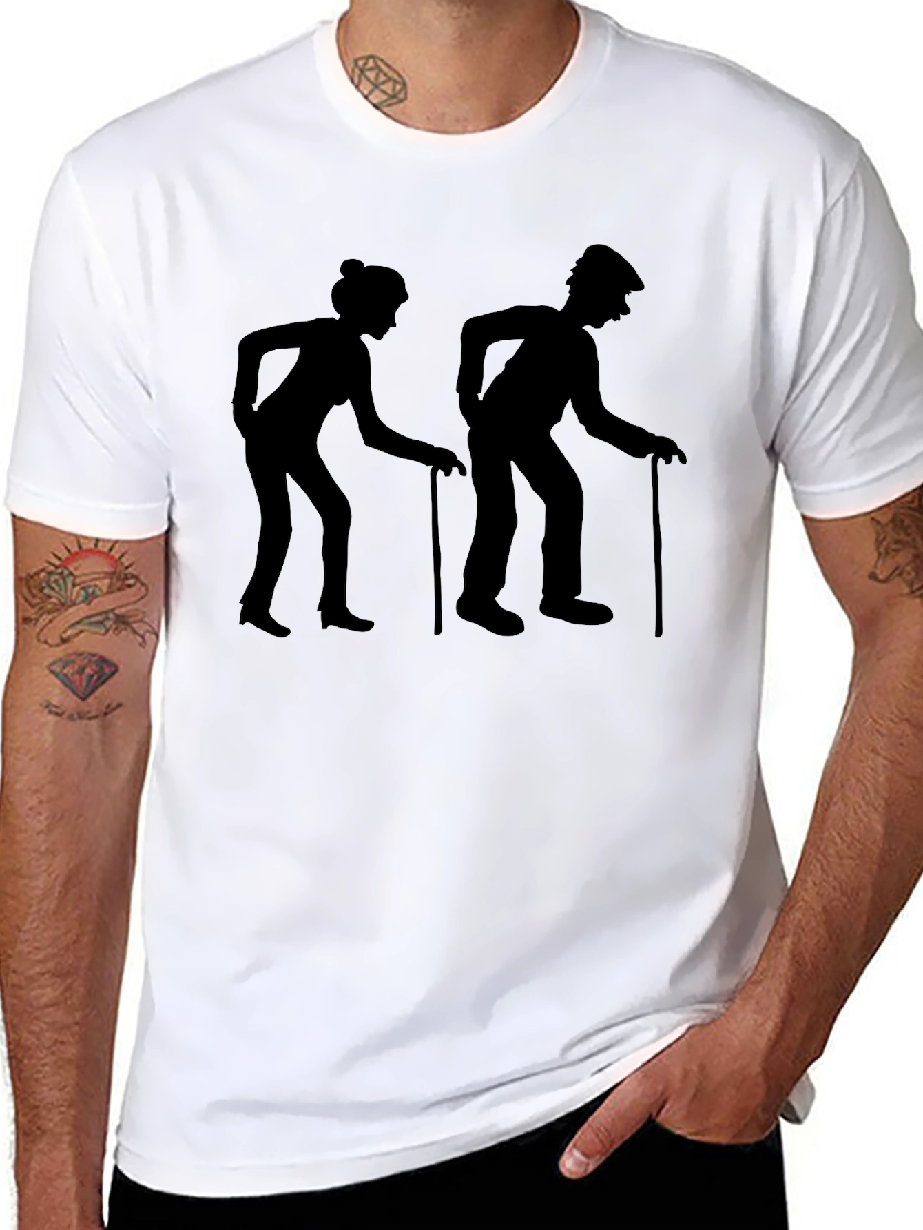 Old Couple Walking Stick Black Graphic T-Shirt