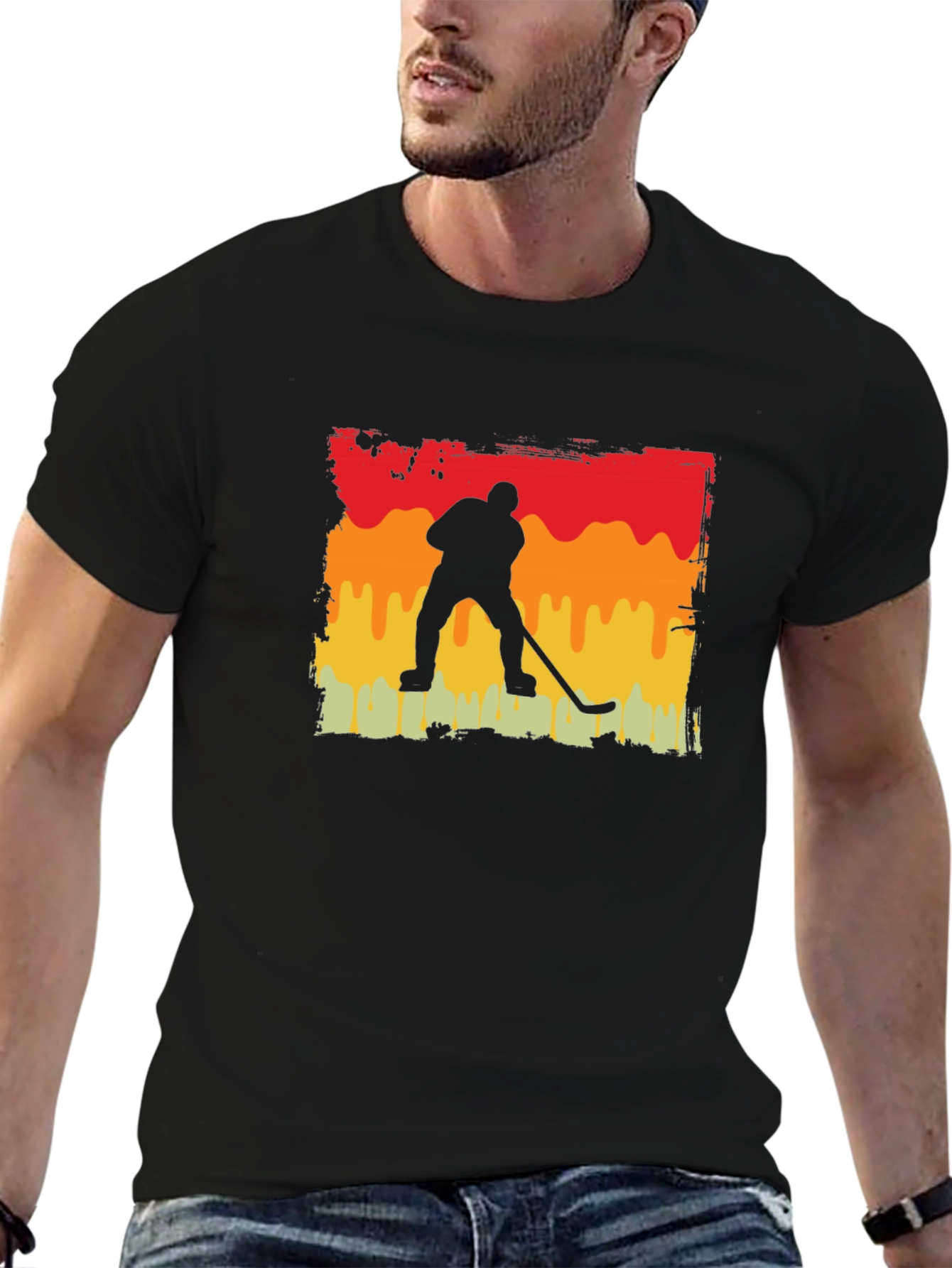 Retro Hockey Player Graphic Tee - Black Cotton T-Shirt