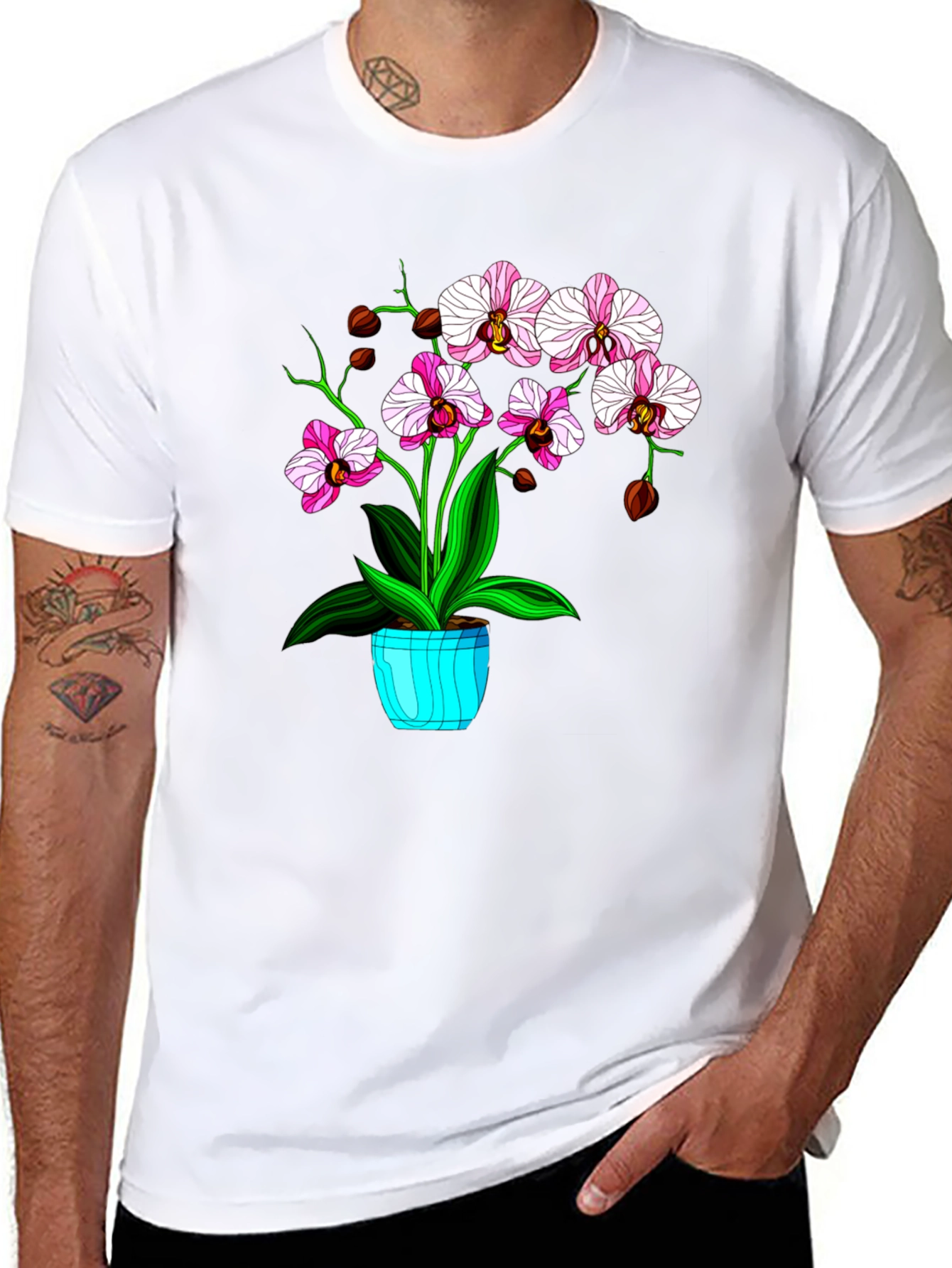 Floral T-Shirt with Orchid Plant Graphic