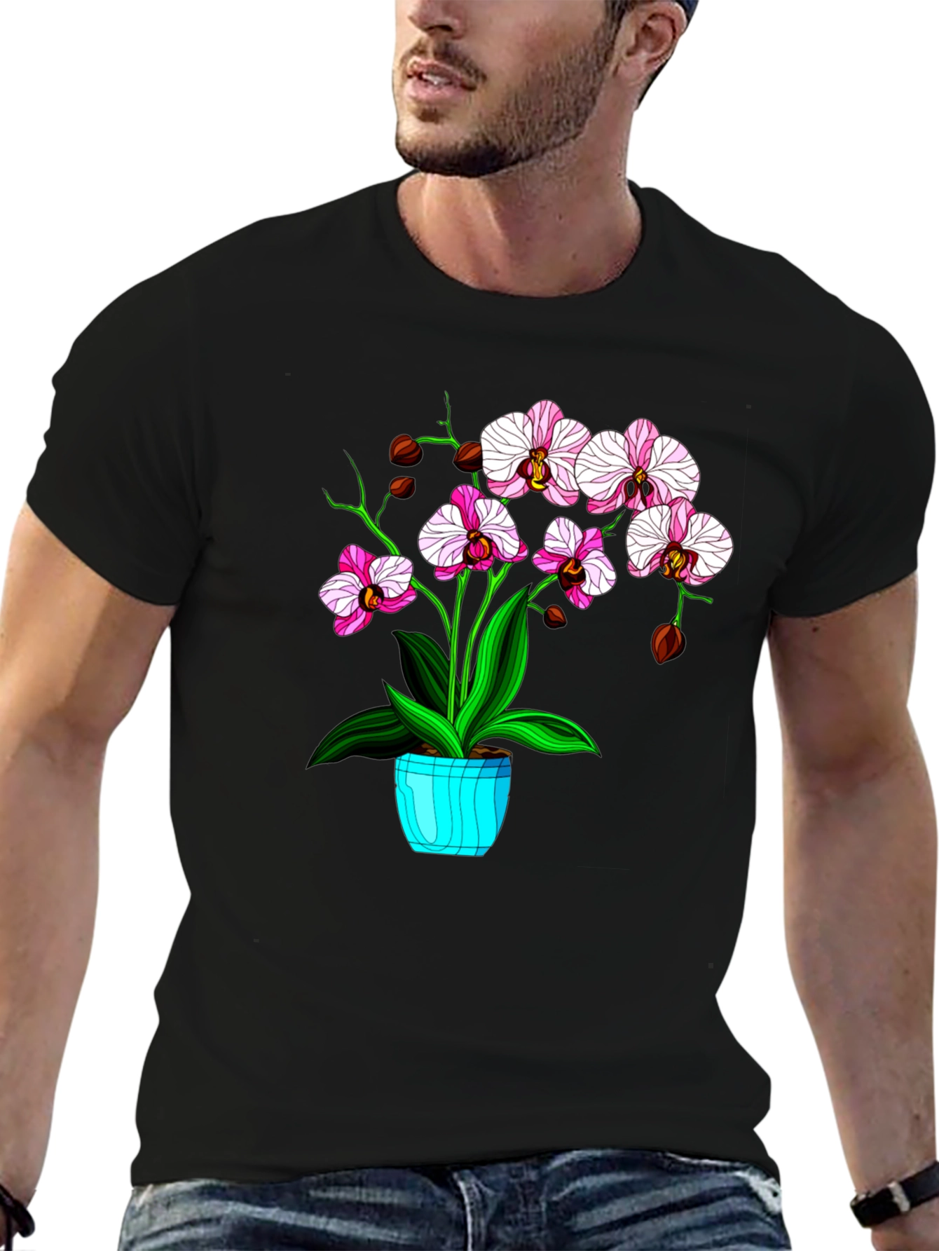 Floral T-Shirt with Orchid Plant Graphic