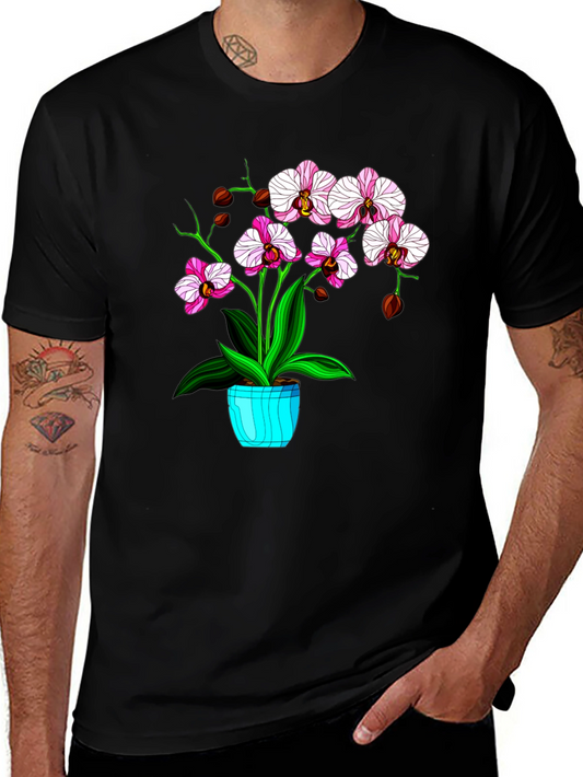 Floral T-Shirt with Orchid Plant Graphic