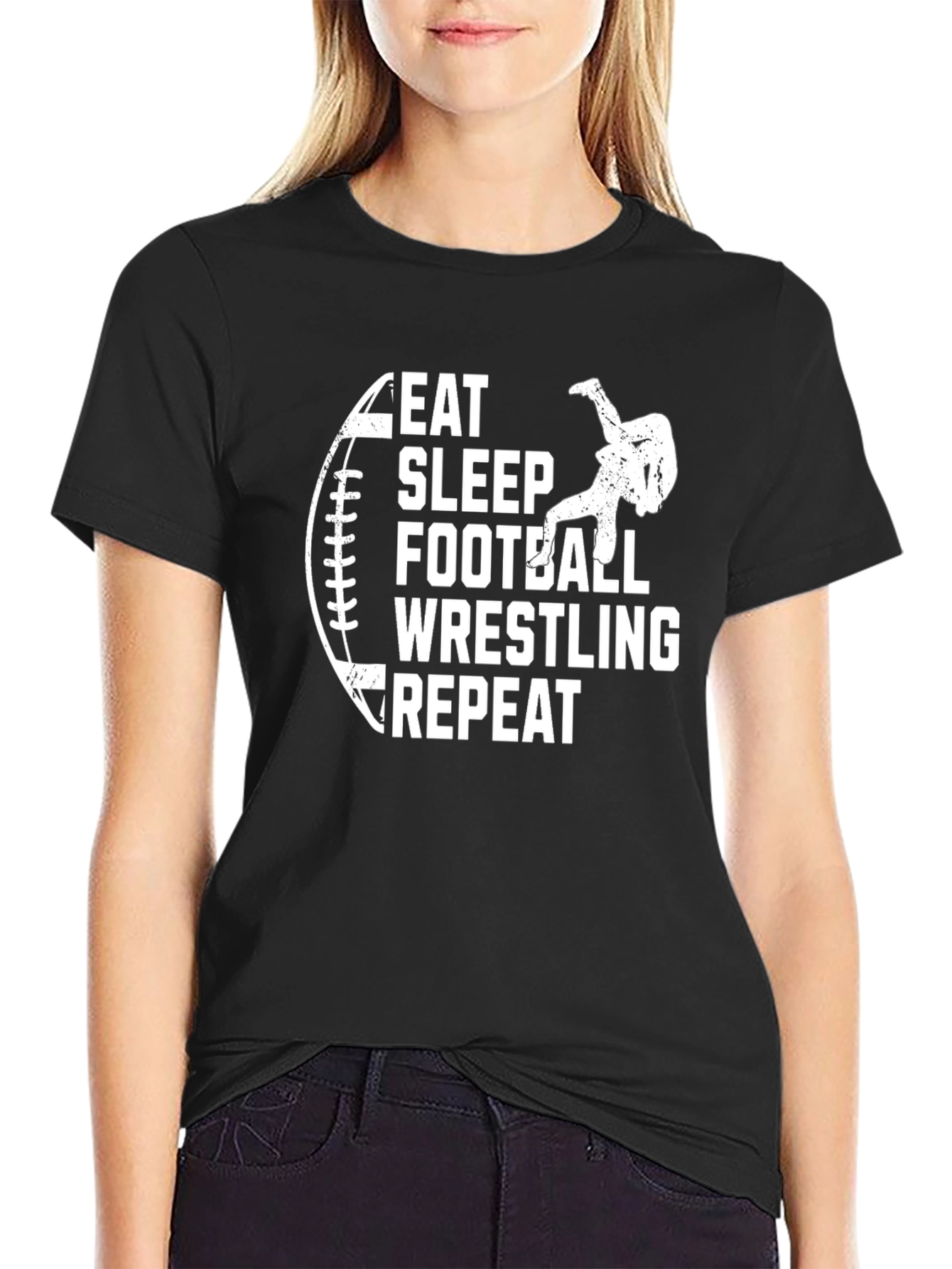 Eat Sleep Football Wrestling Repeat Black T-Shirt
