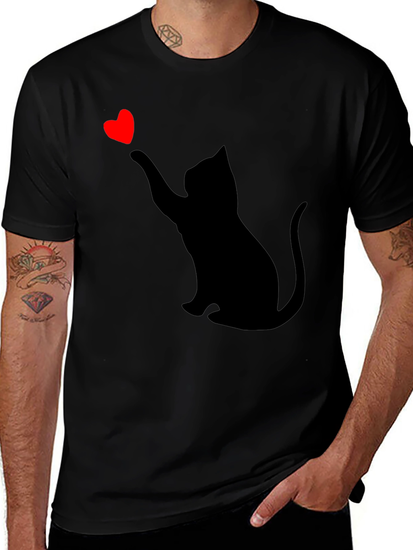 Cat Heart Graphic Tee - Black Casual T-Shirt