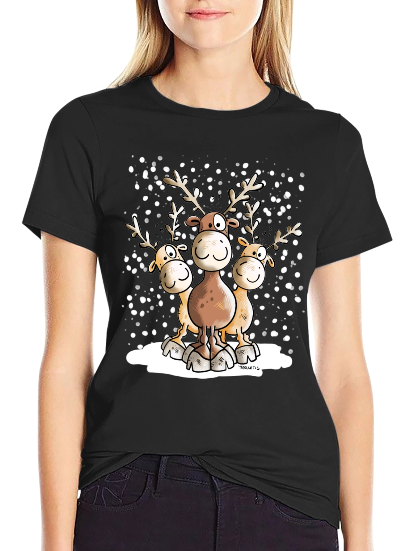 Cartoon Reindeer Crewneck Graphic T-Shirt