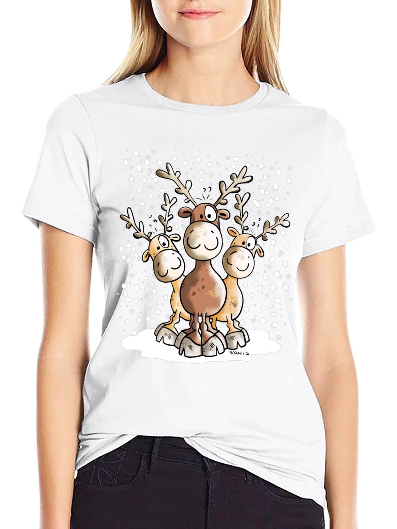 Cartoon Reindeer Crewneck Graphic T-Shirt