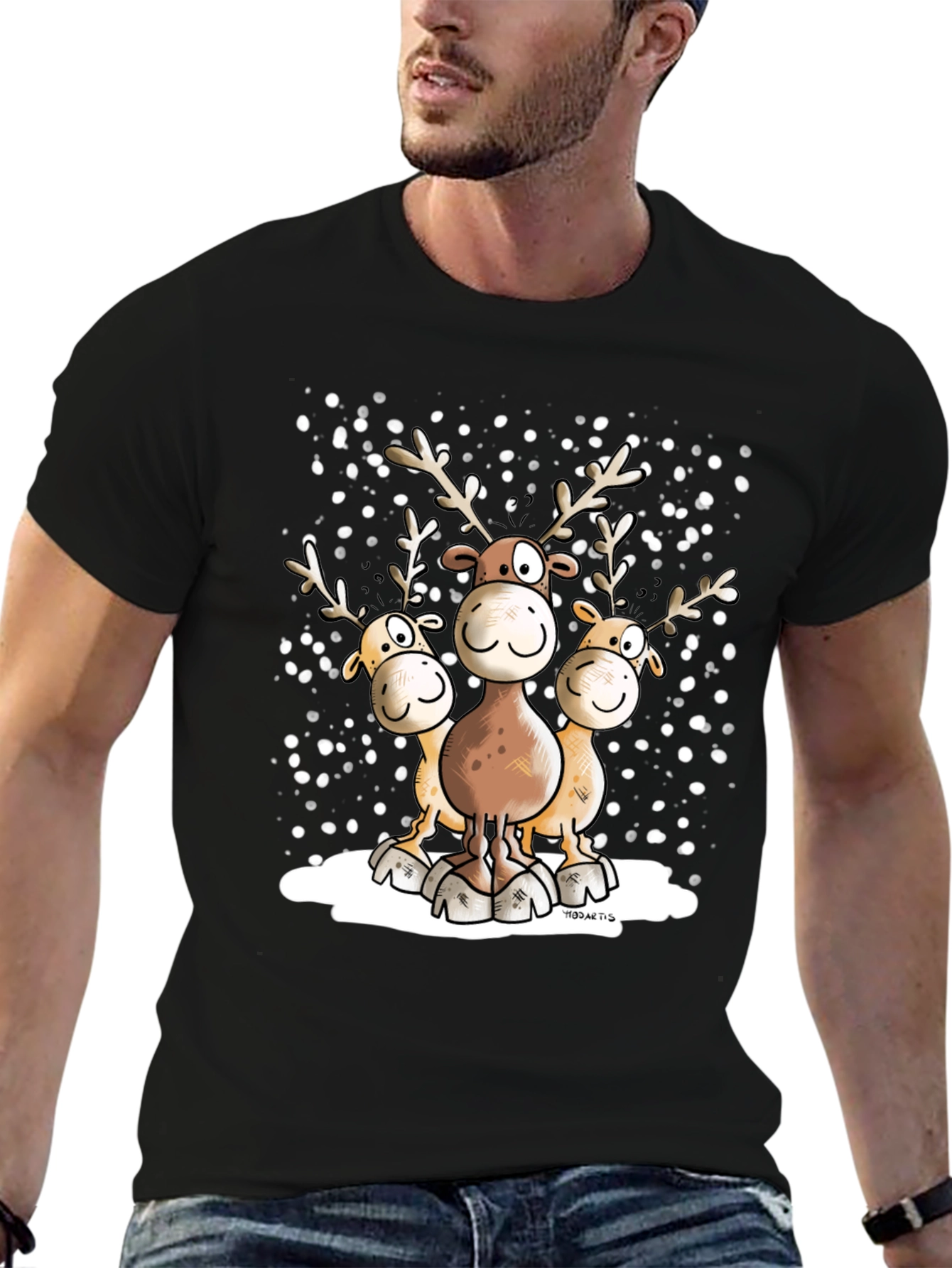 Cartoon Reindeer Crewneck Graphic T-Shirt