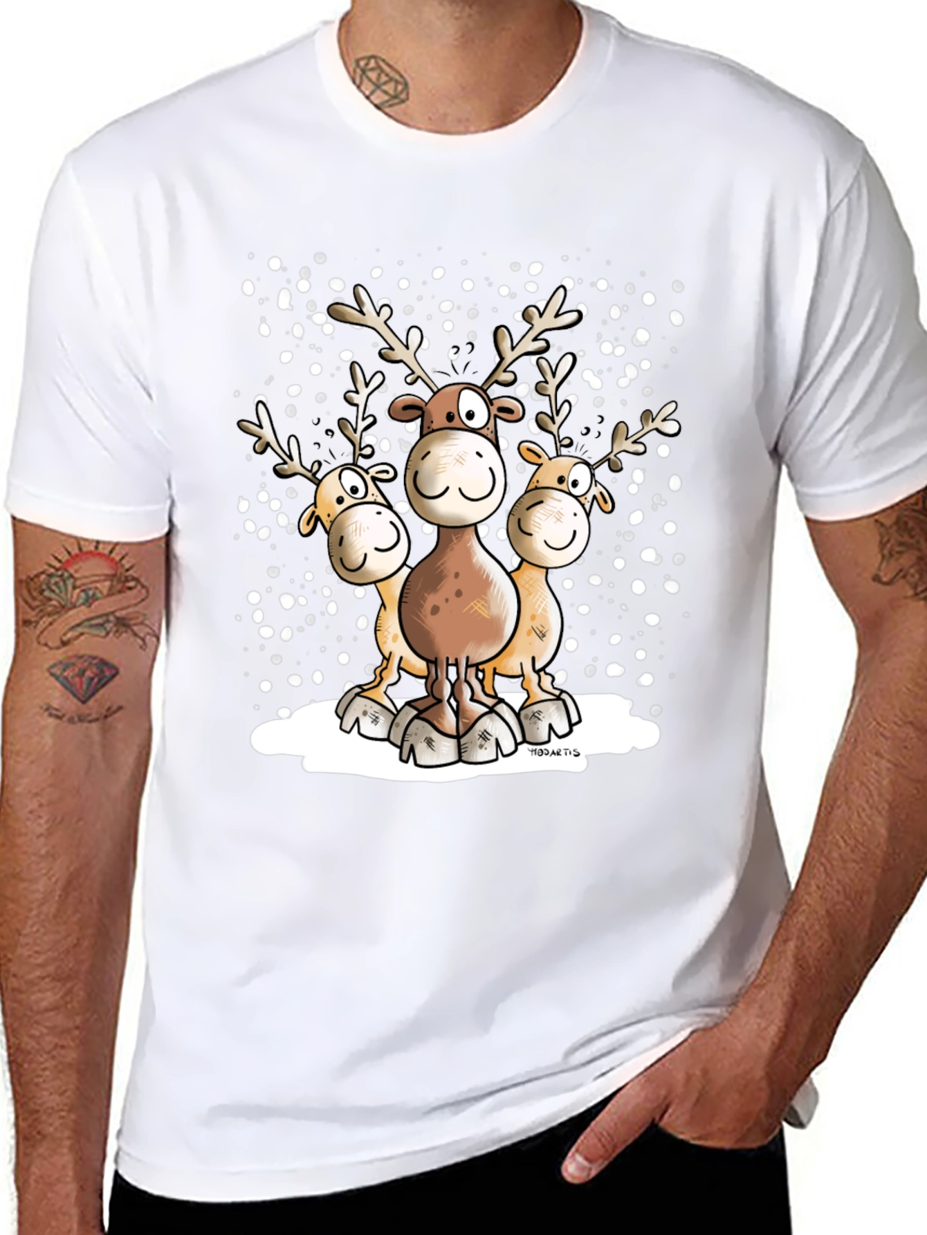 Cartoon Reindeer Crewneck Graphic T-Shirt