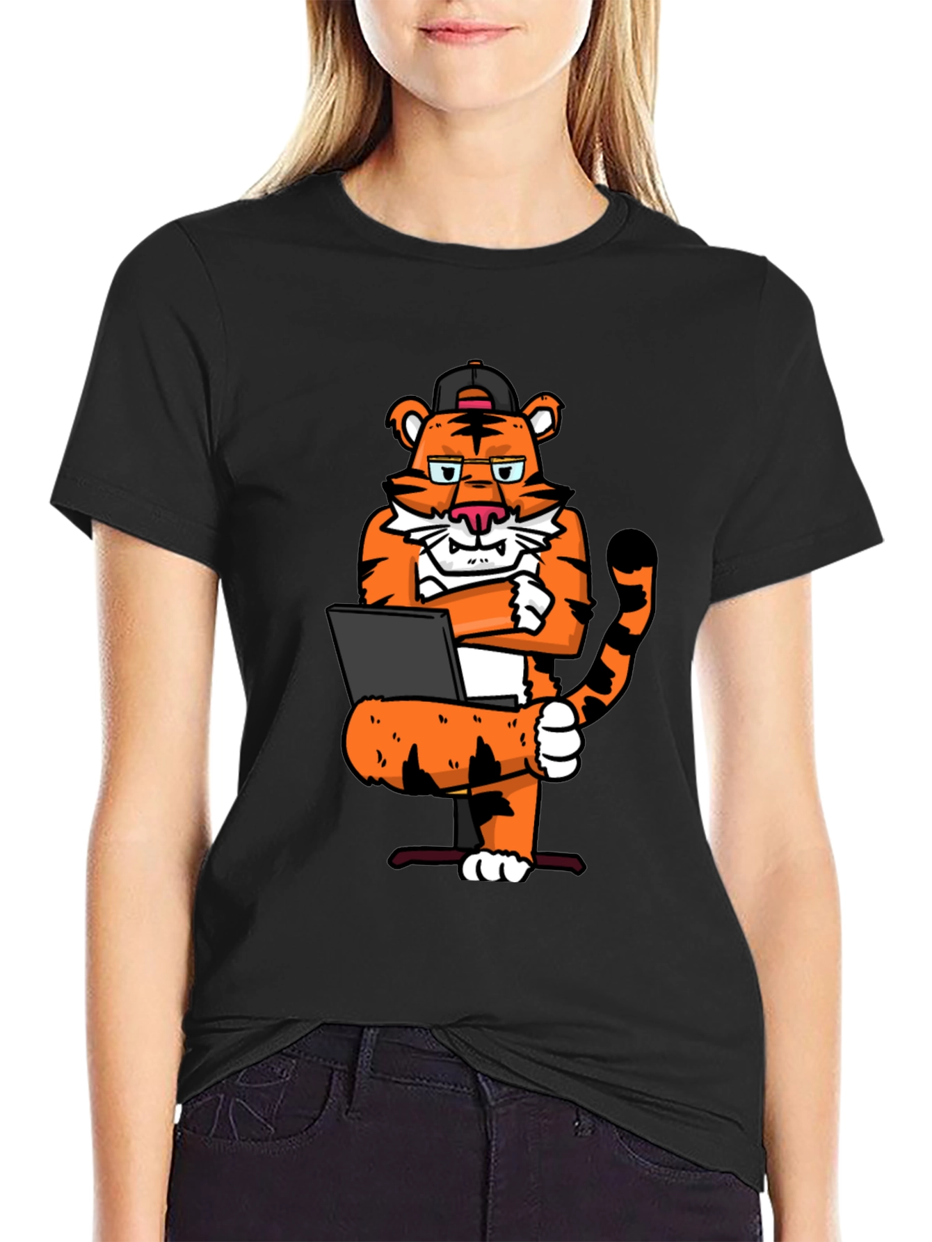 Cool Tiger Working on Laptop Graphic T-Shirt