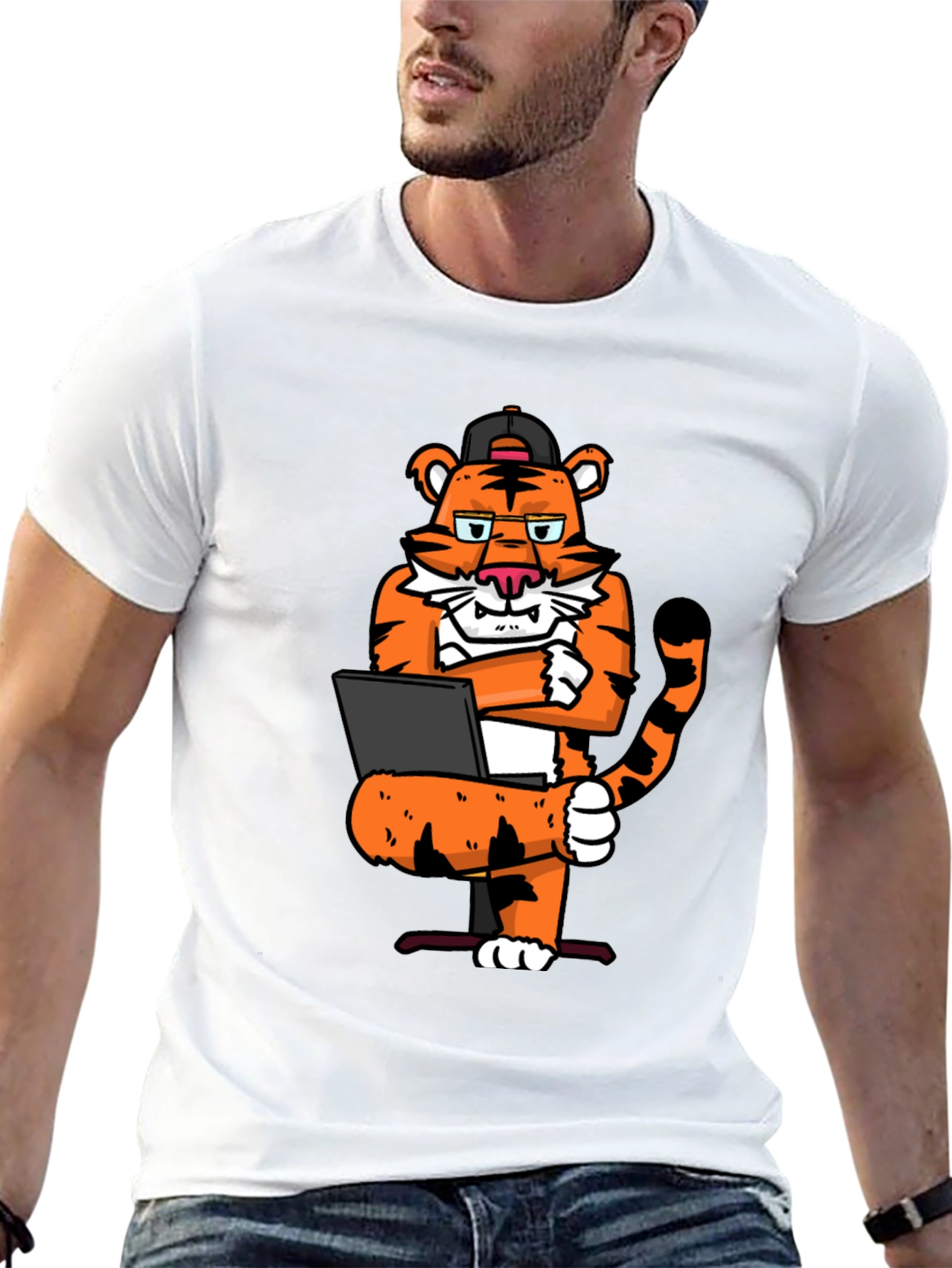Cool Tiger Working on Laptop Graphic T-Shirt
