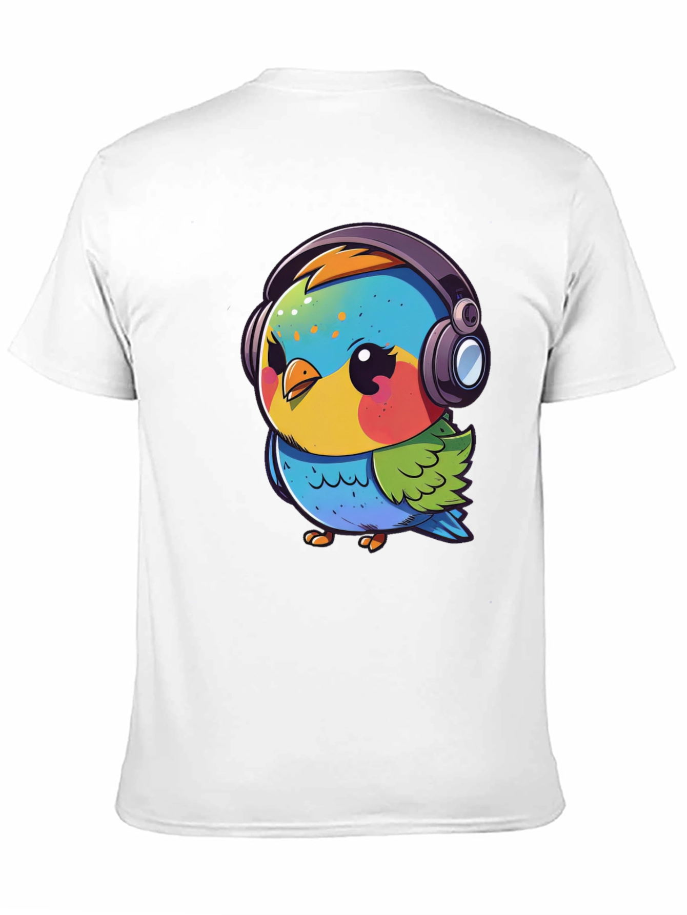 Cartoon Bird with Headphones Black T-Shirt