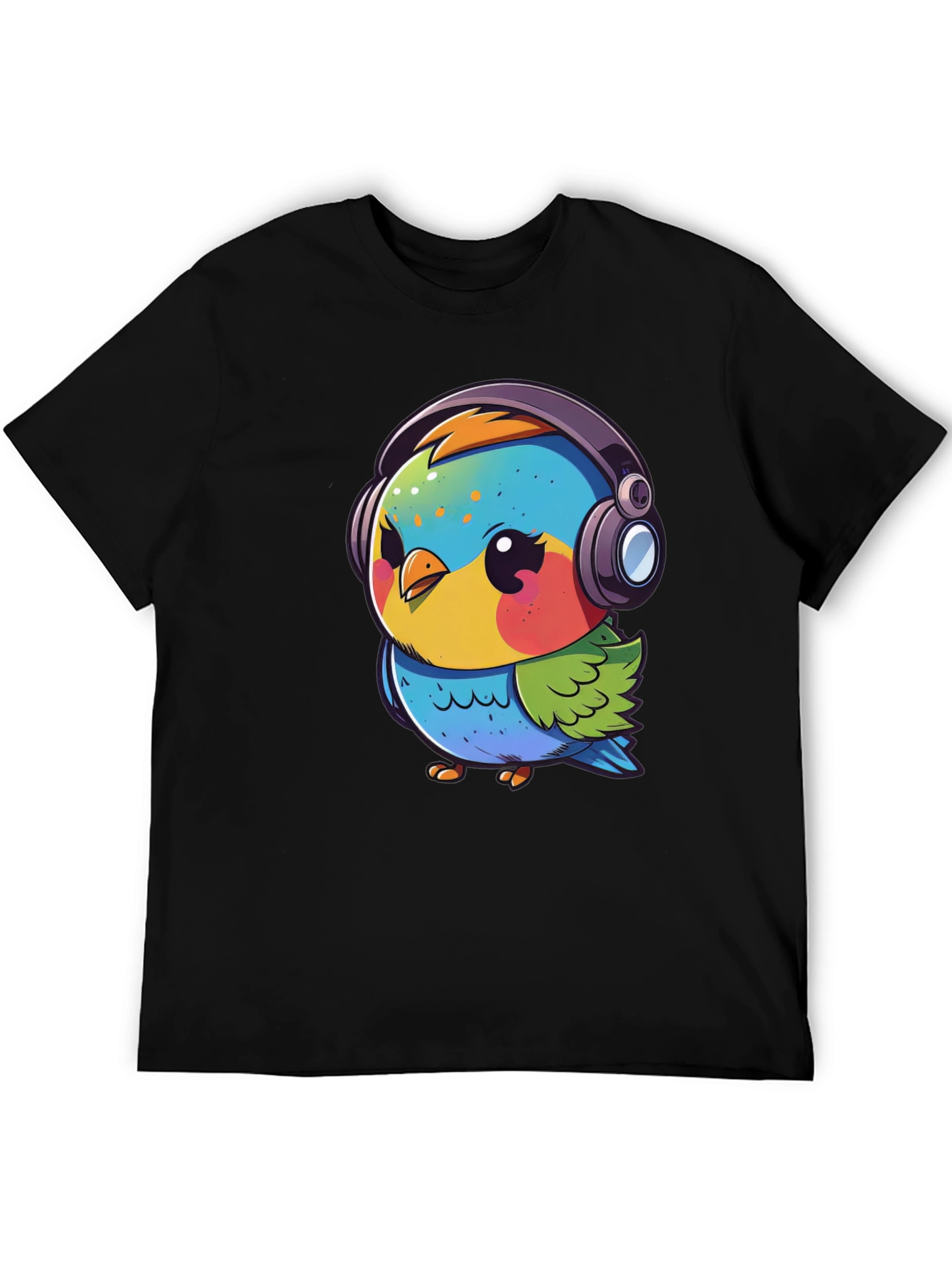 Cartoon Bird with Headphones Black T-Shirt