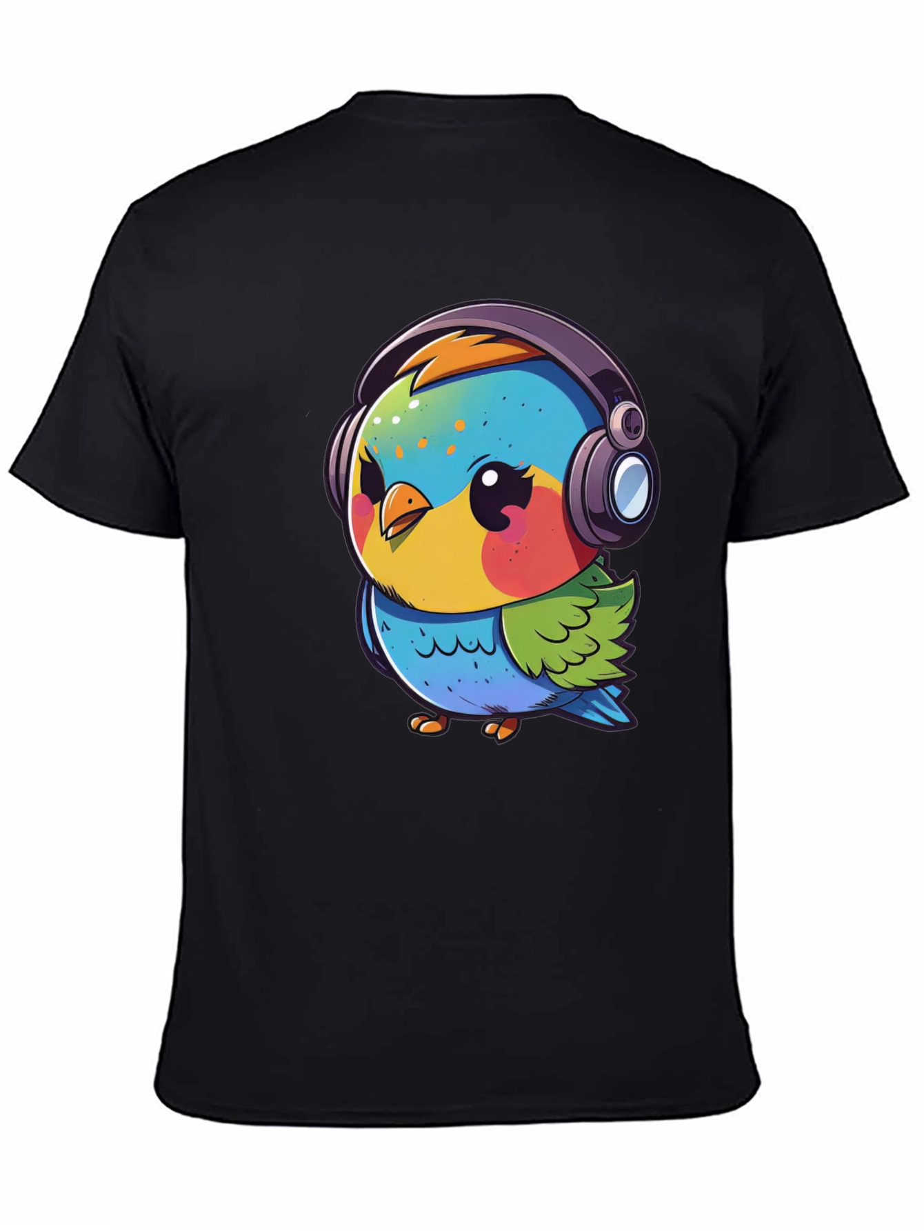Cartoon Bird with Headphones Black T-Shirt