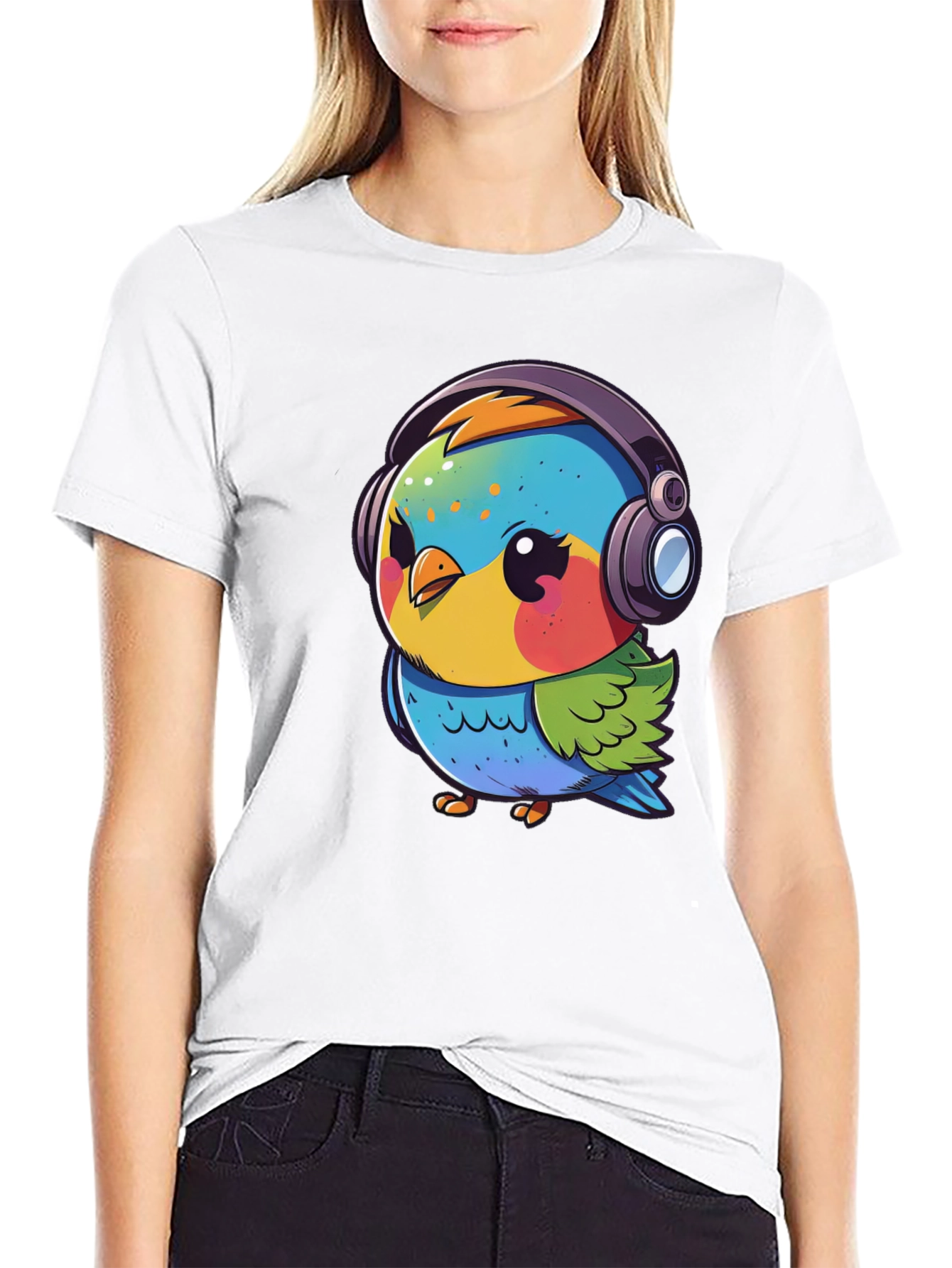 Cartoon Bird with Headphones Black T-Shirt
