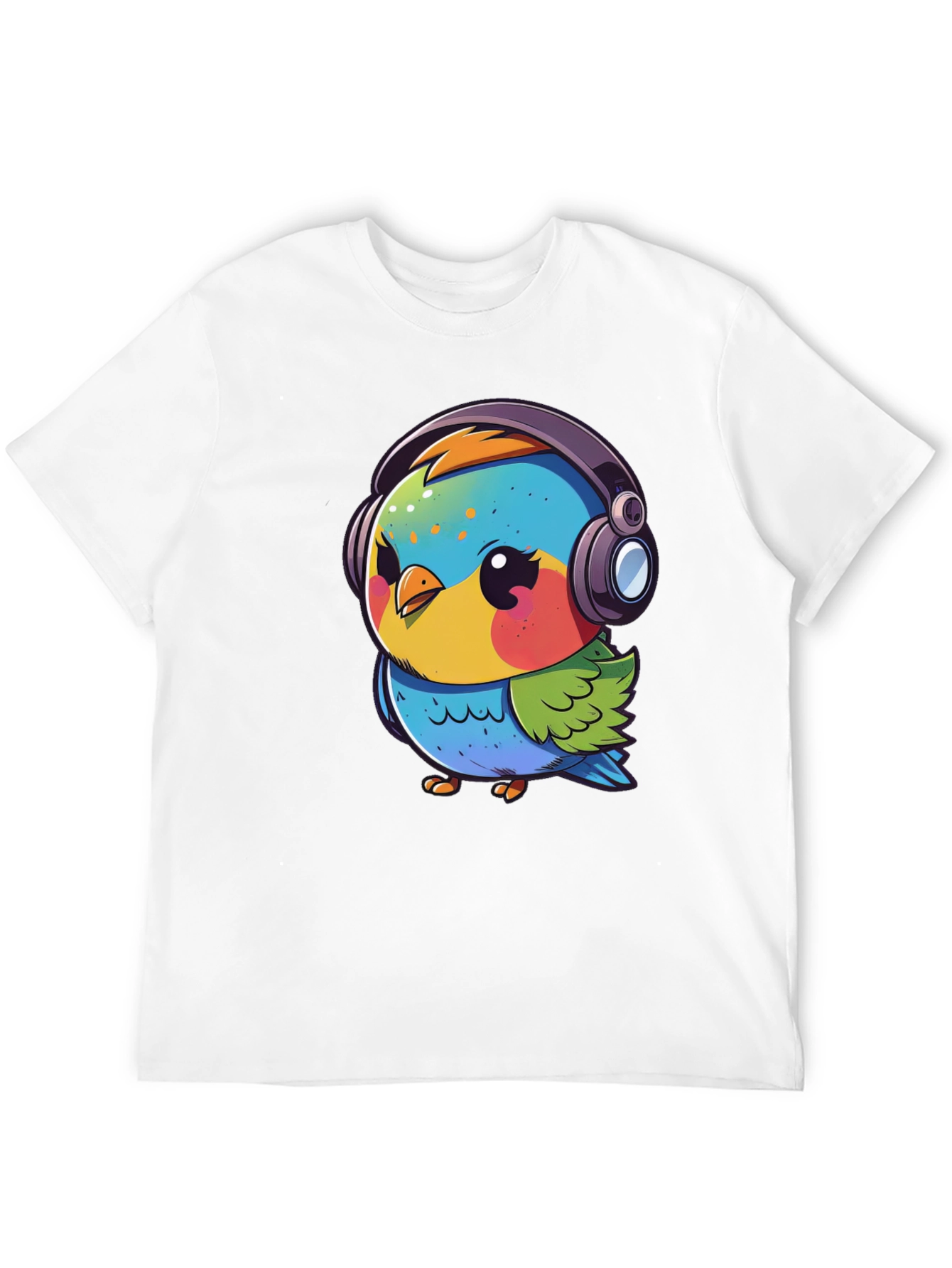 Cartoon Bird with Headphones Black T-Shirt