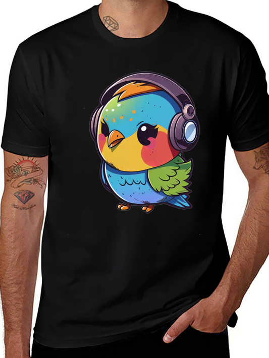 Cartoon Bird with Headphones Black T-Shirt