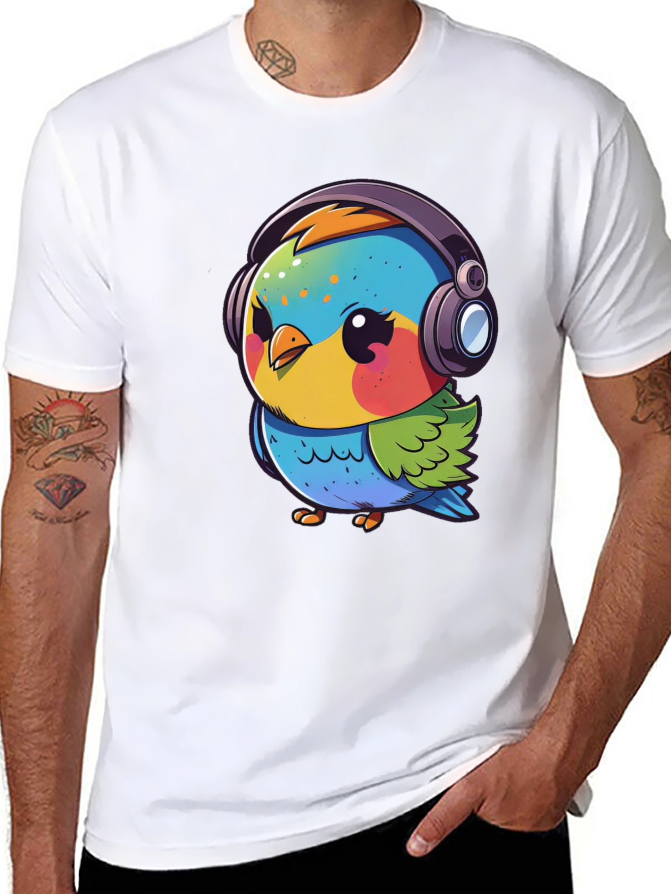 Cartoon Bird with Headphones Black T-Shirt
