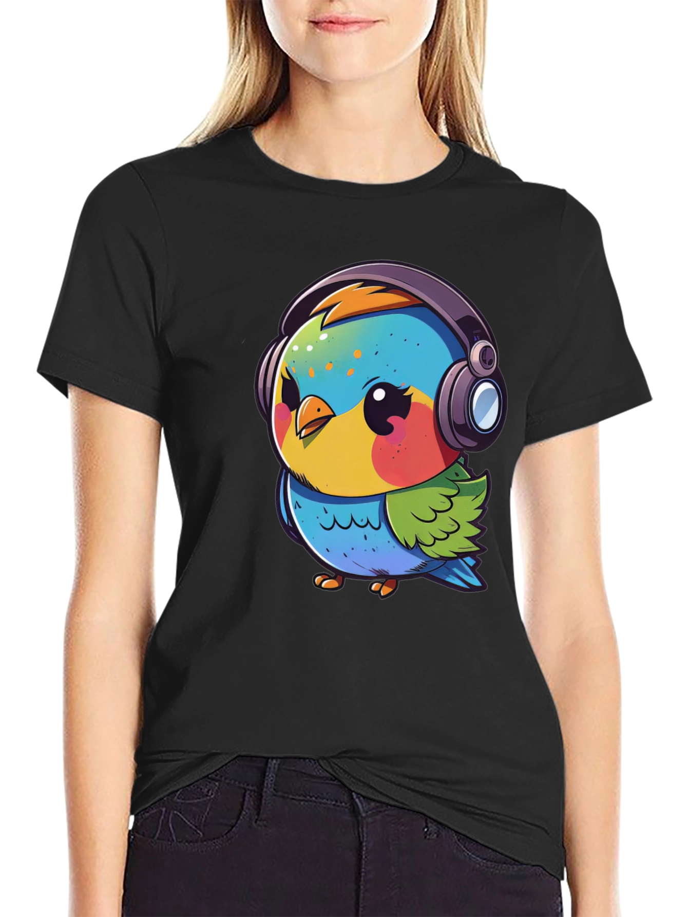 Cartoon Bird with Headphones Black T-Shirt
