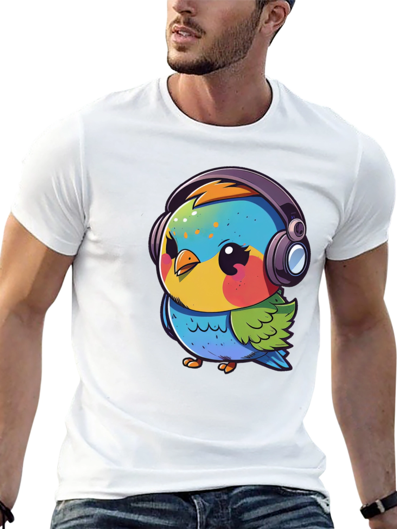 Cartoon Bird with Headphones Black T-Shirt