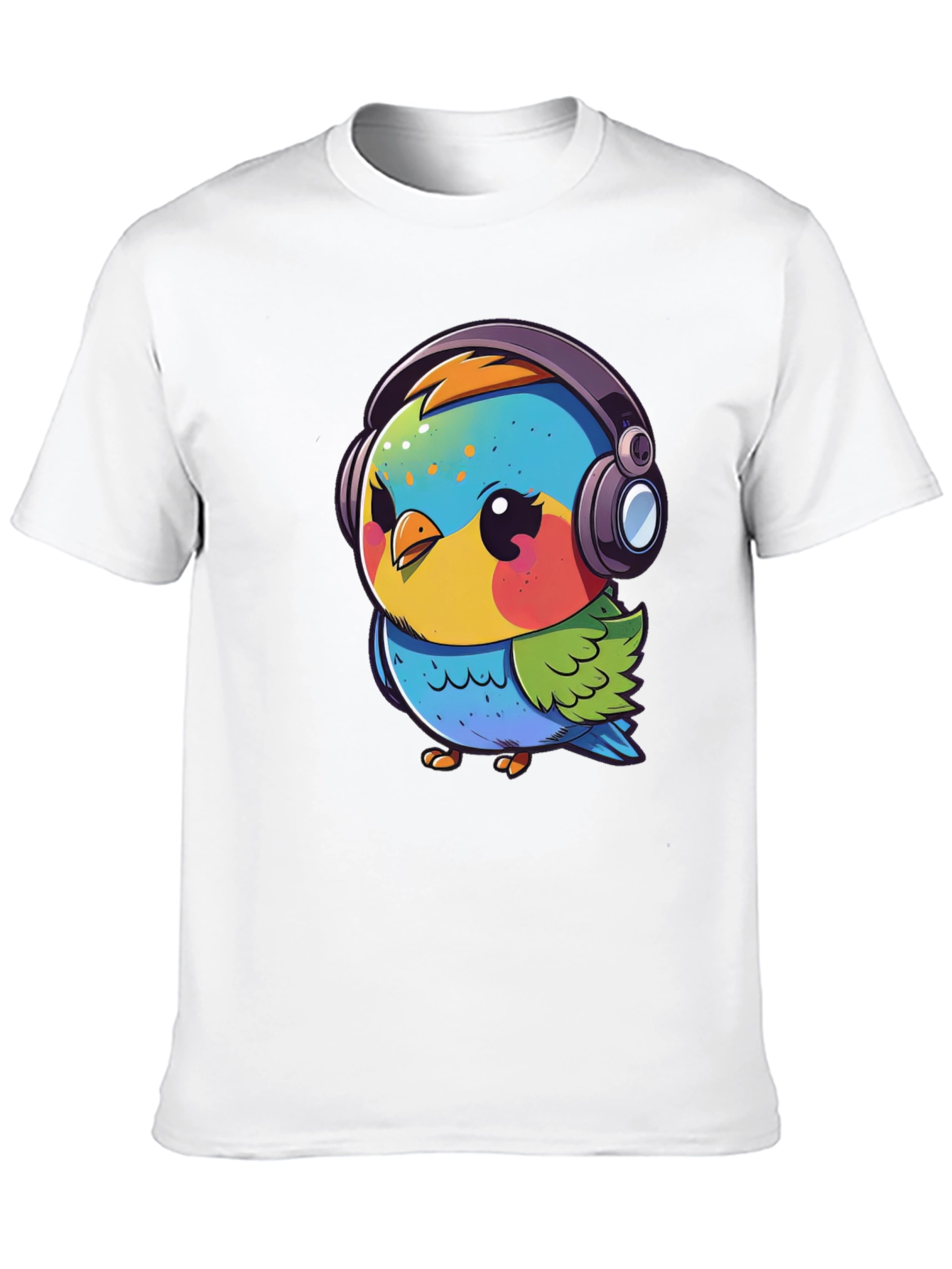 Cartoon Bird with Headphones Black T-Shirt