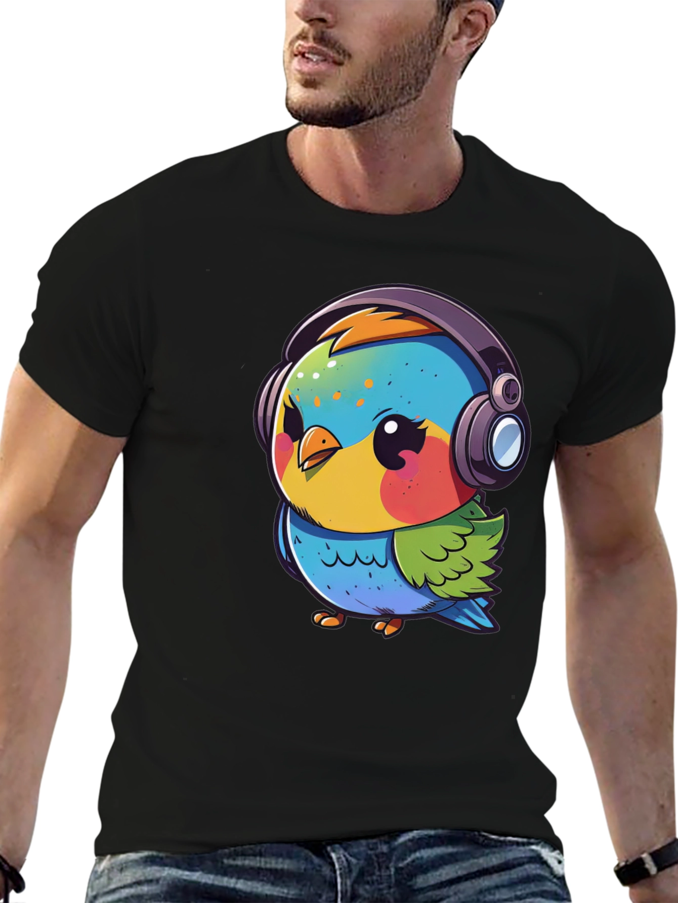 Cartoon Bird with Headphones Black T-Shirt