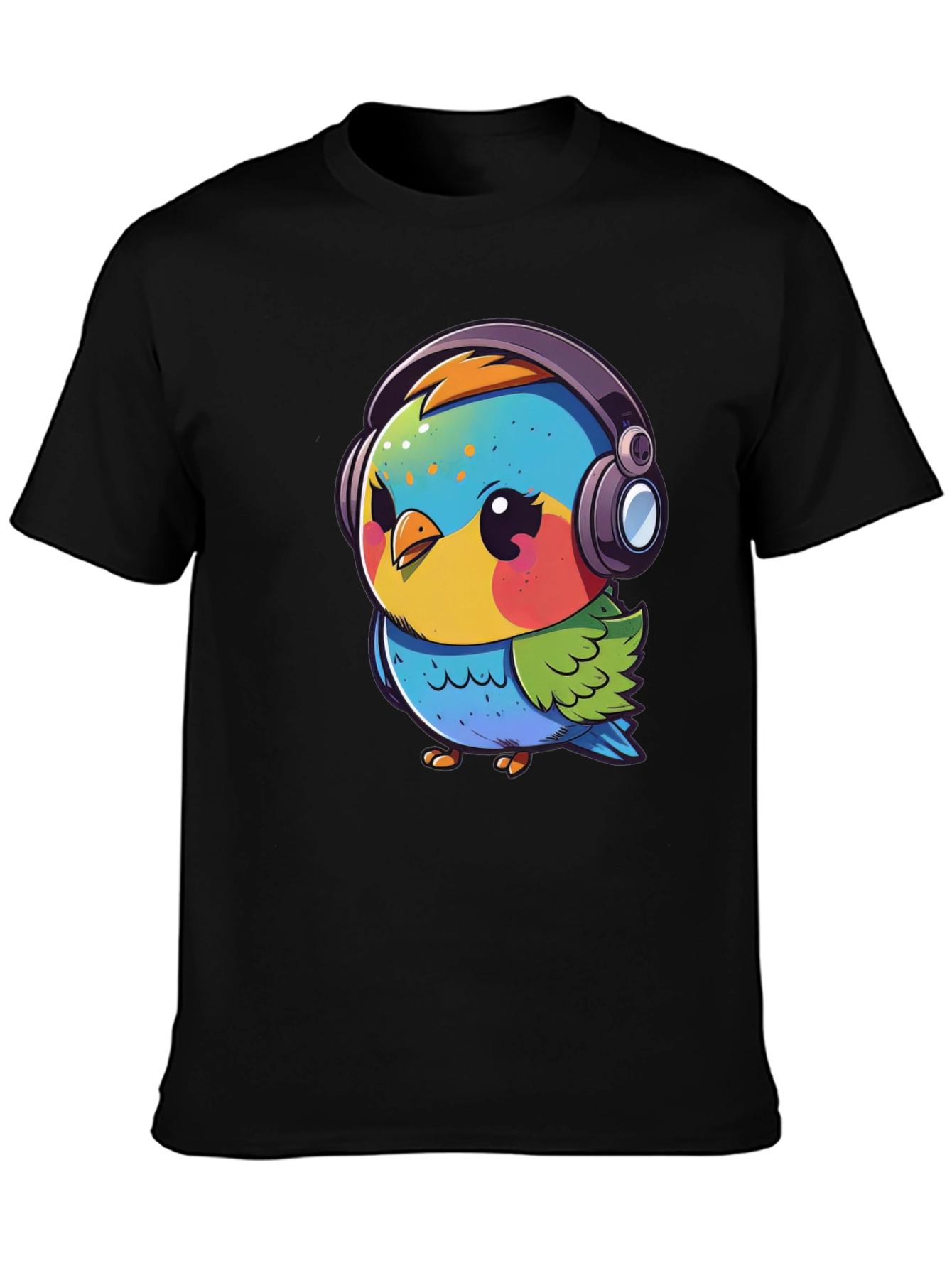 Cartoon Bird with Headphones Black T-Shirt
