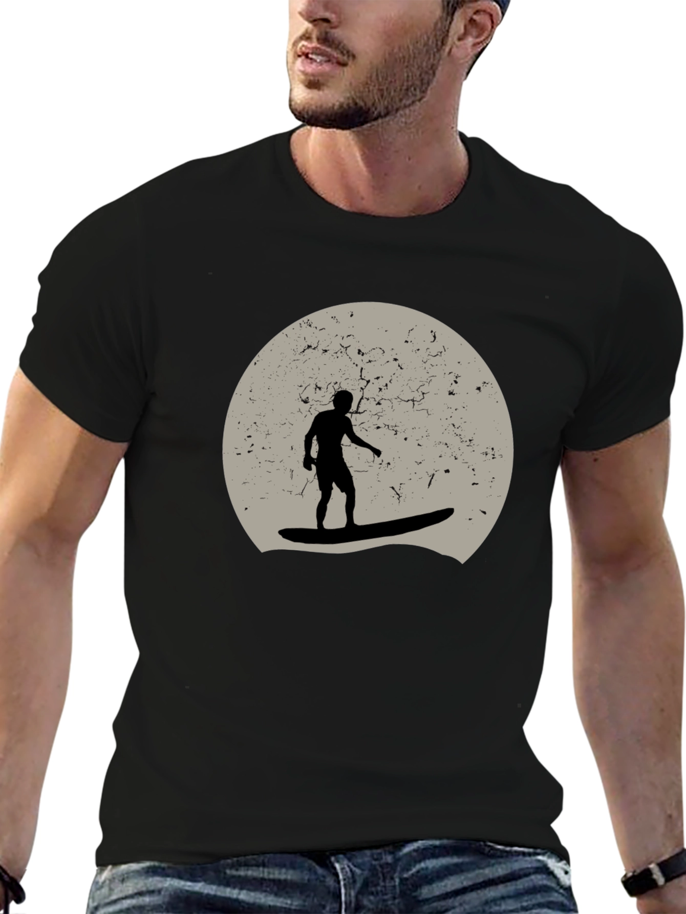 Surfer Silhouette Graphic T-Shirt - Black