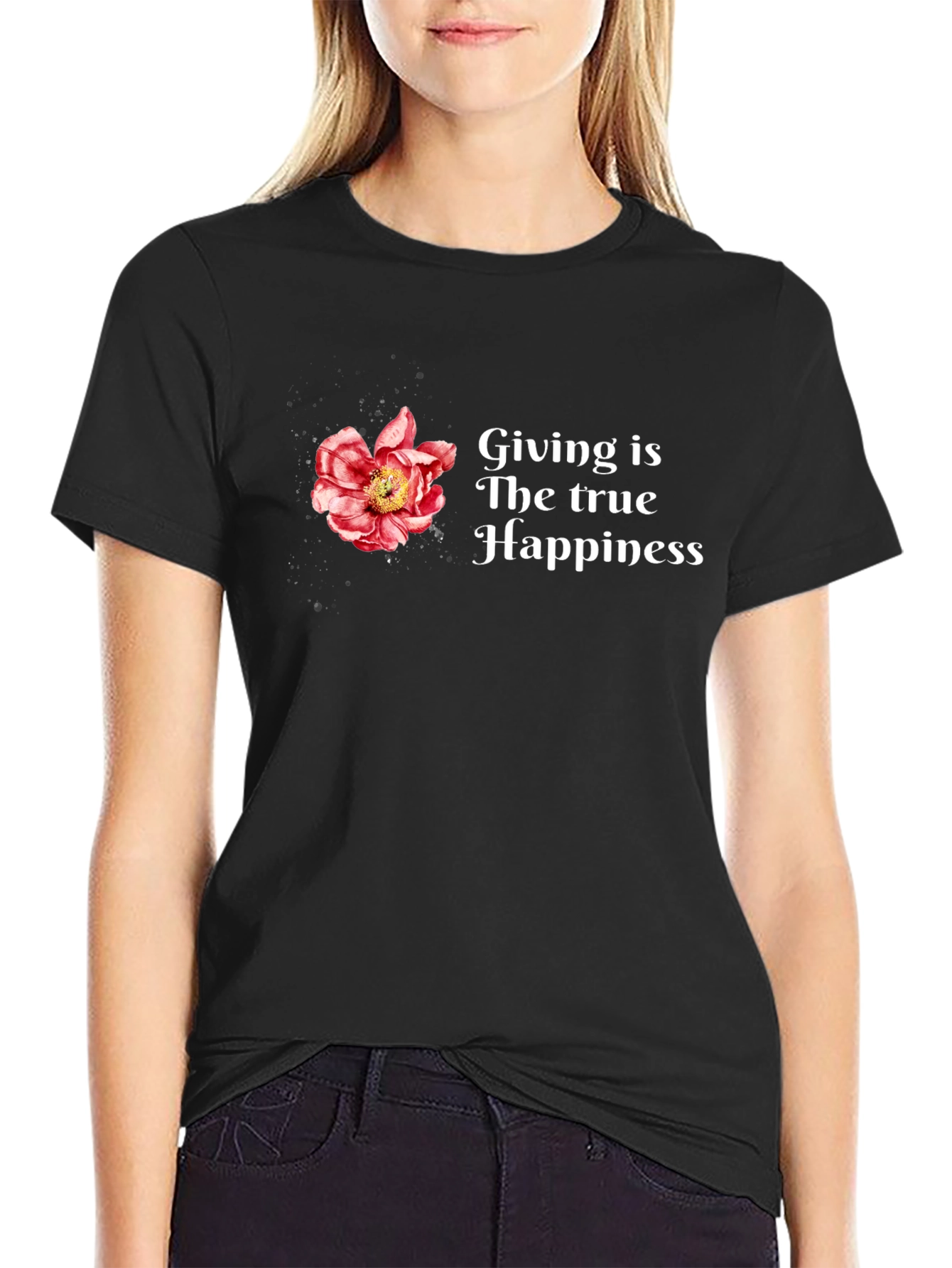 Floral Giving is True Happiness Black T-Shirt