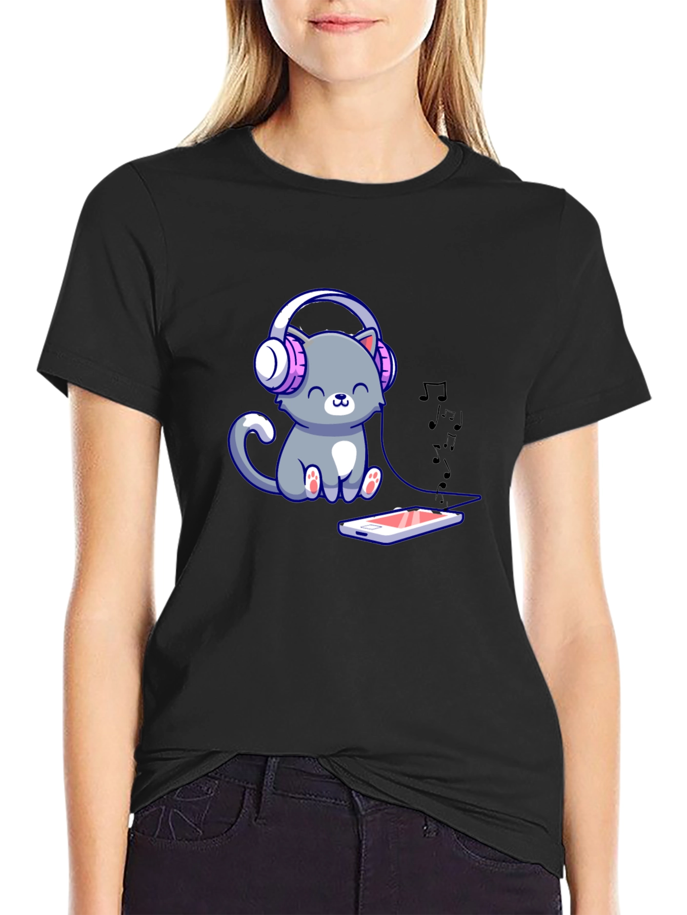 Cute Cat with Headphones Graphic Tee