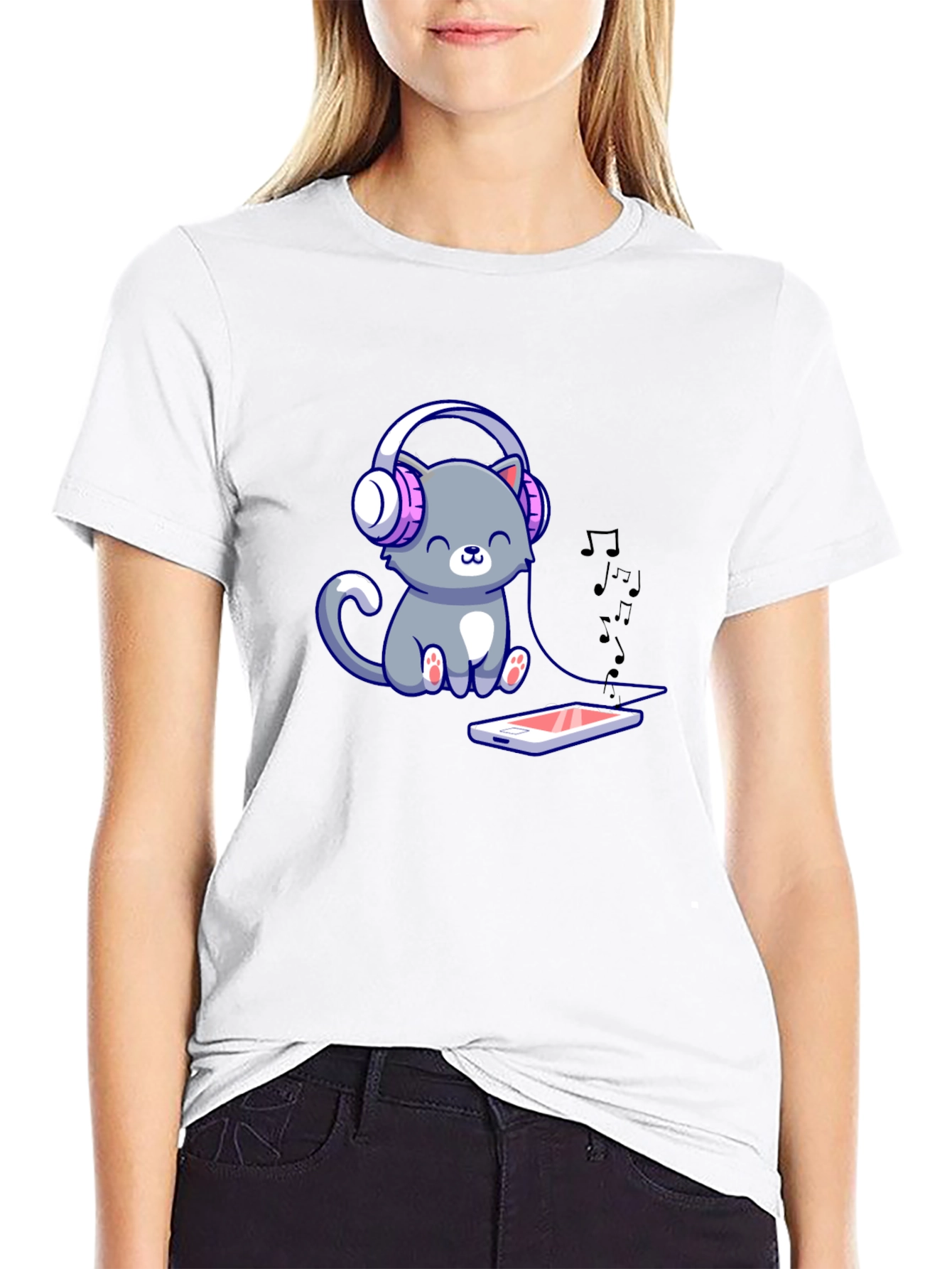 Cute Cat with Headphones Graphic Tee