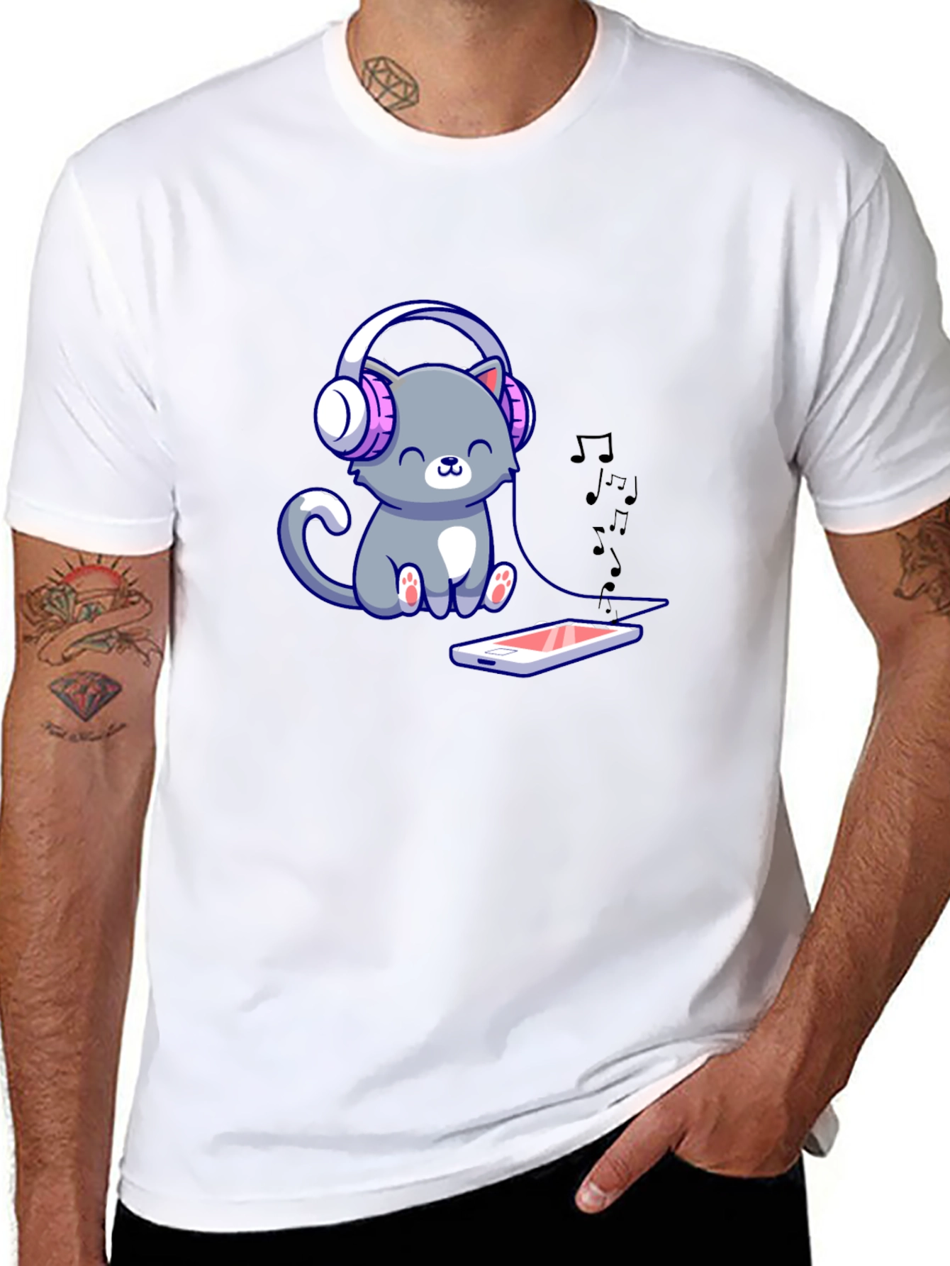 Cute Cat with Headphones Graphic Tee