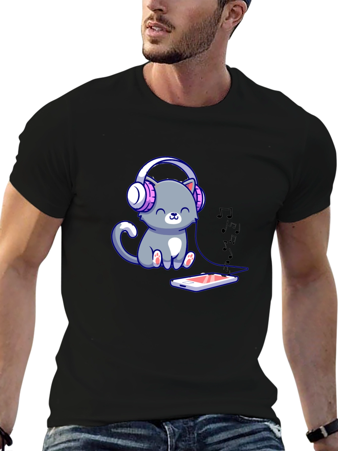 Cute Cat with Headphones Graphic Tee
