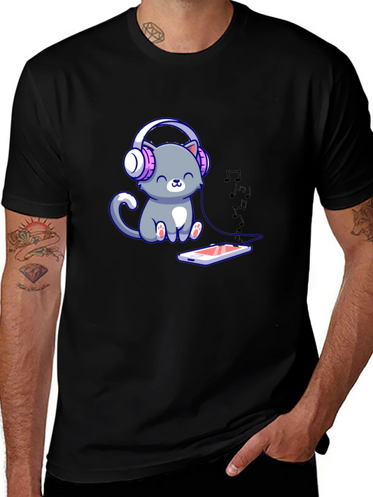 Cute Cat with Headphones Graphic Tee