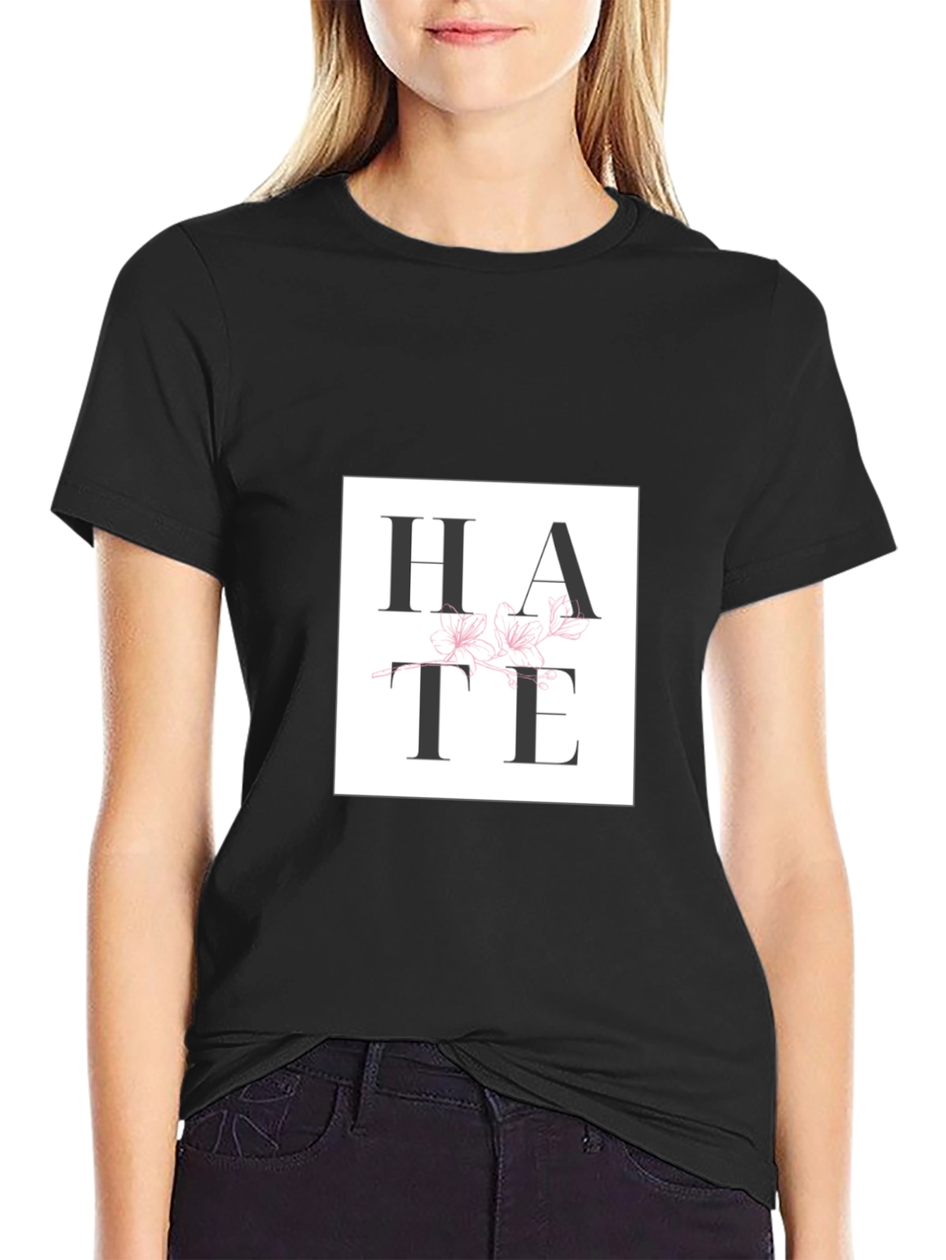 Hate Floral Graphic Print Black T-Shirt