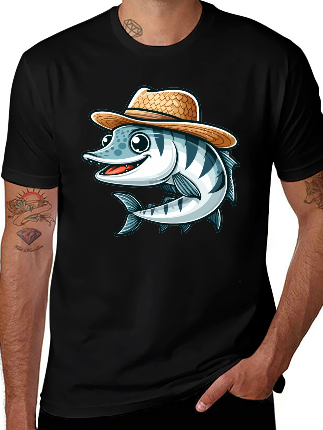 Cartoon Fish with Straw Hat T-Shirt
