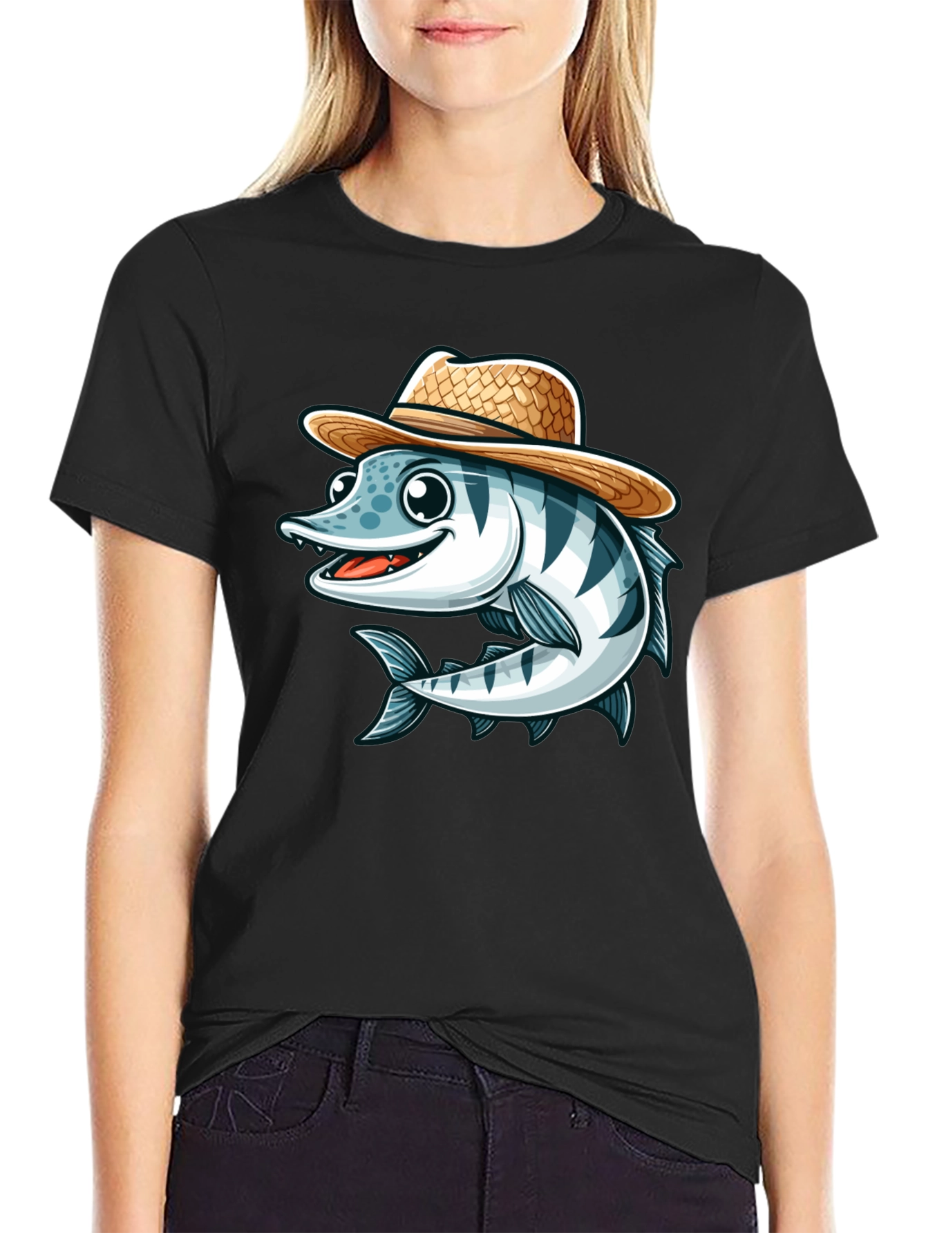 Cartoon Fish with Straw Hat T-Shirt