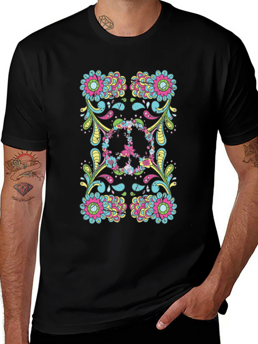Floral Peace Sign Black Graphic Tee
