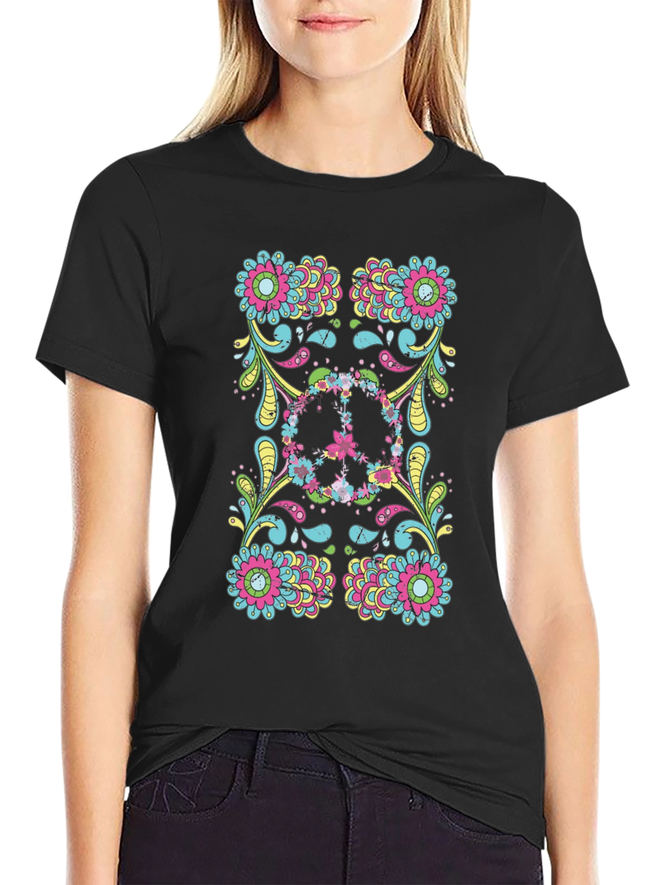 Floral Peace Sign Black Graphic Tee