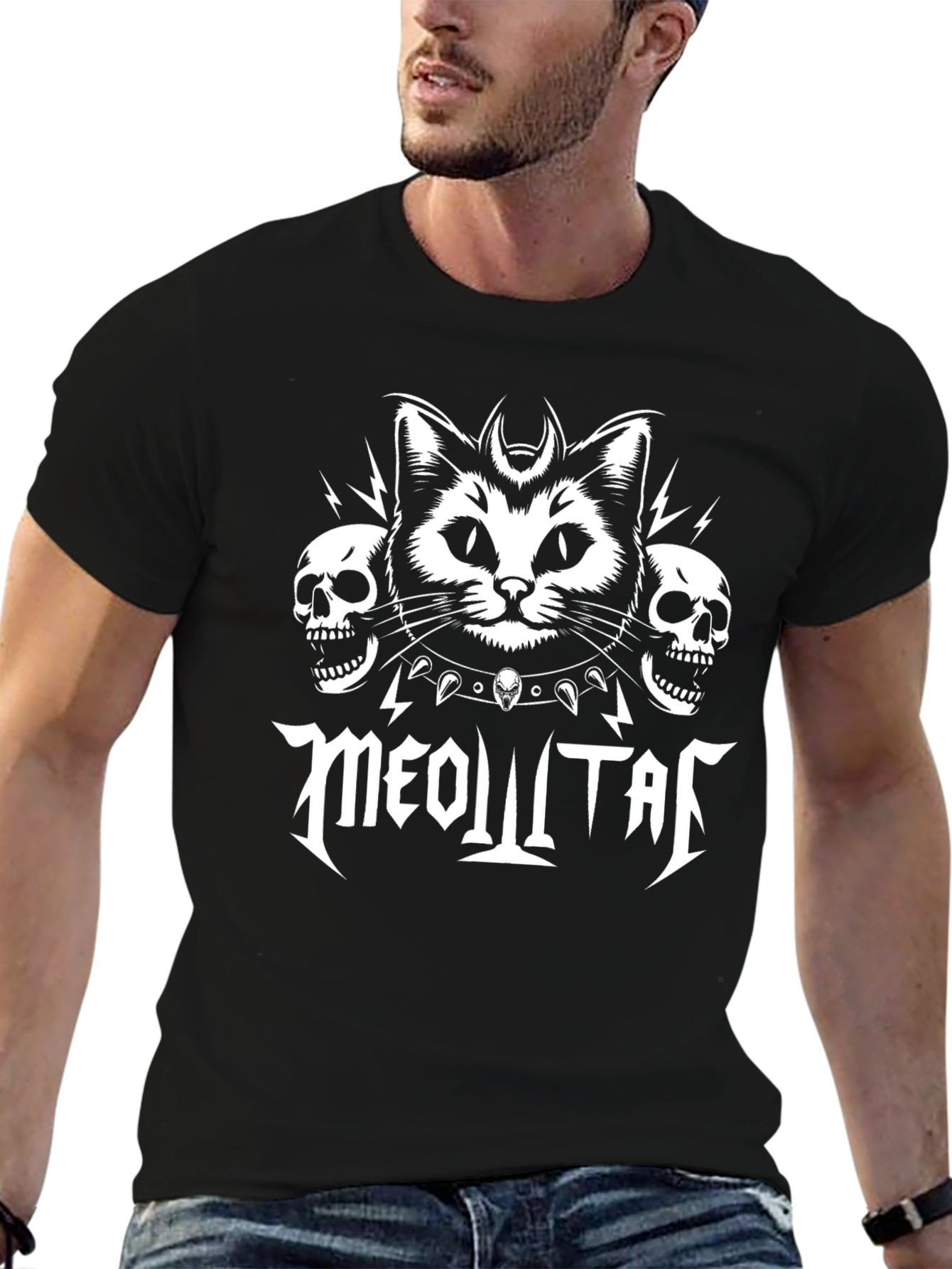 Meowtal T-Shirt: Gothic Cat & Skulls