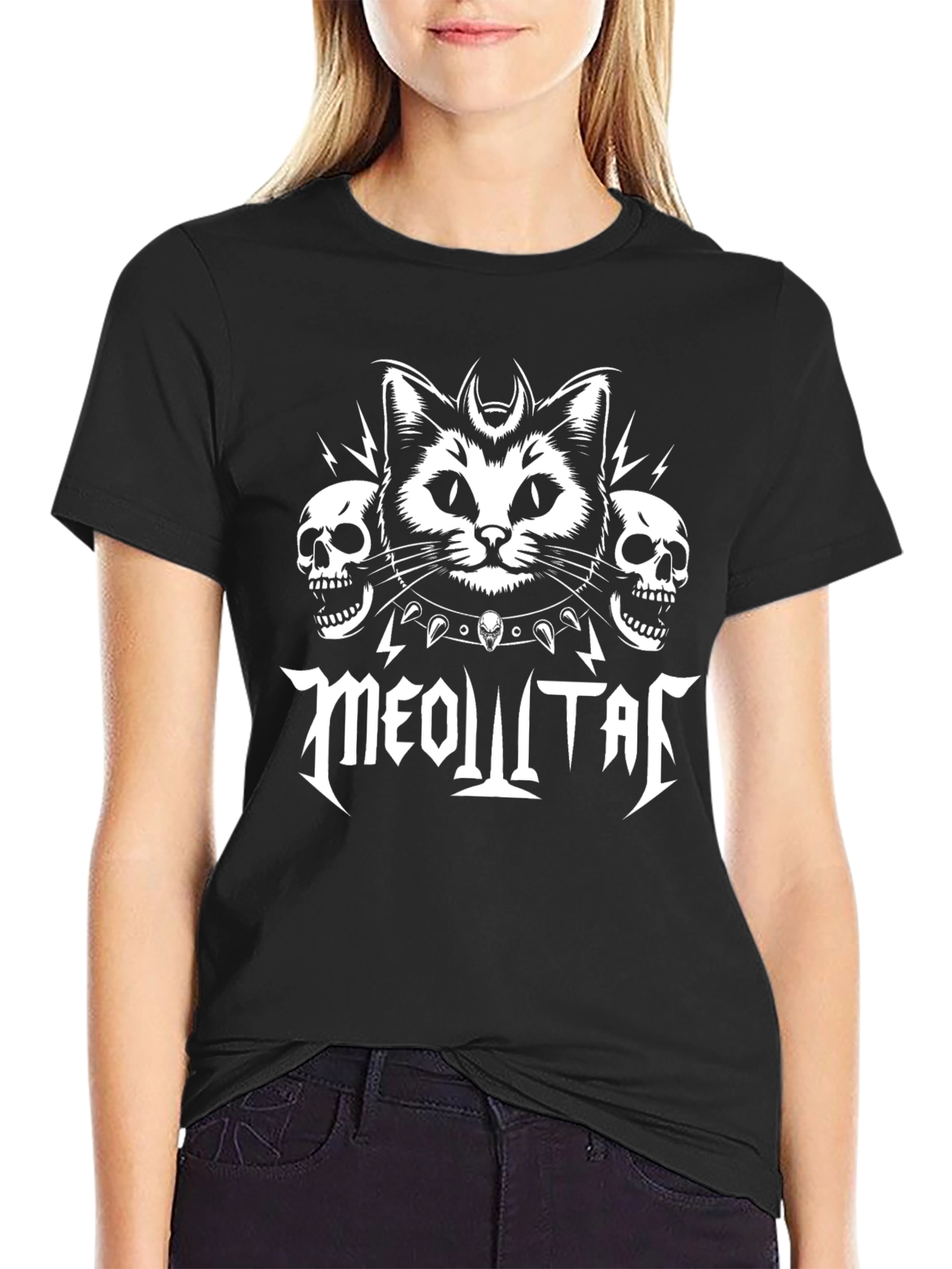 Meowtal T-Shirt: Gothic Cat & Skulls
