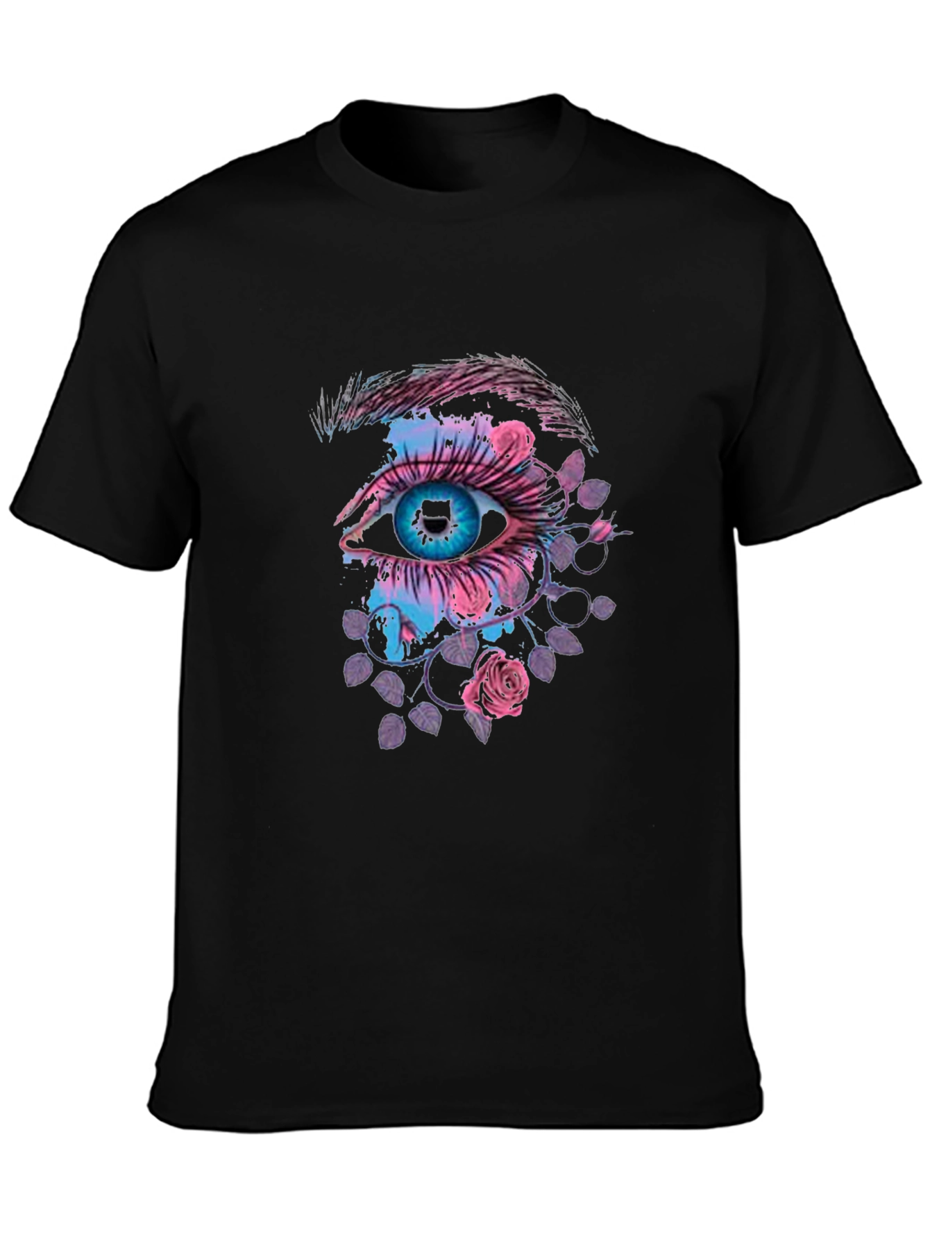 Eye and Roses Graphic Print Black T-Shirt