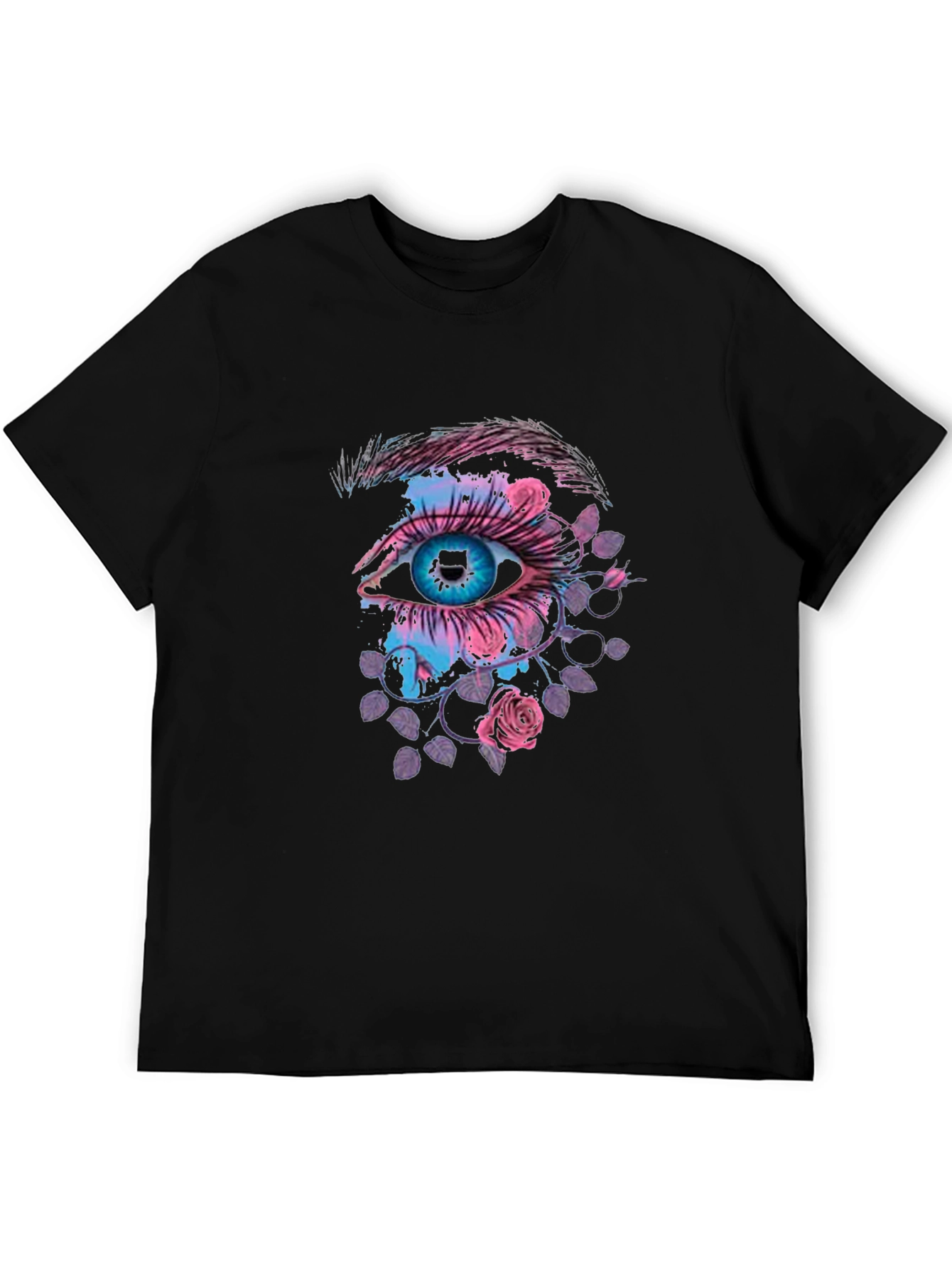 Eye and Roses Graphic Print Black T-Shirt