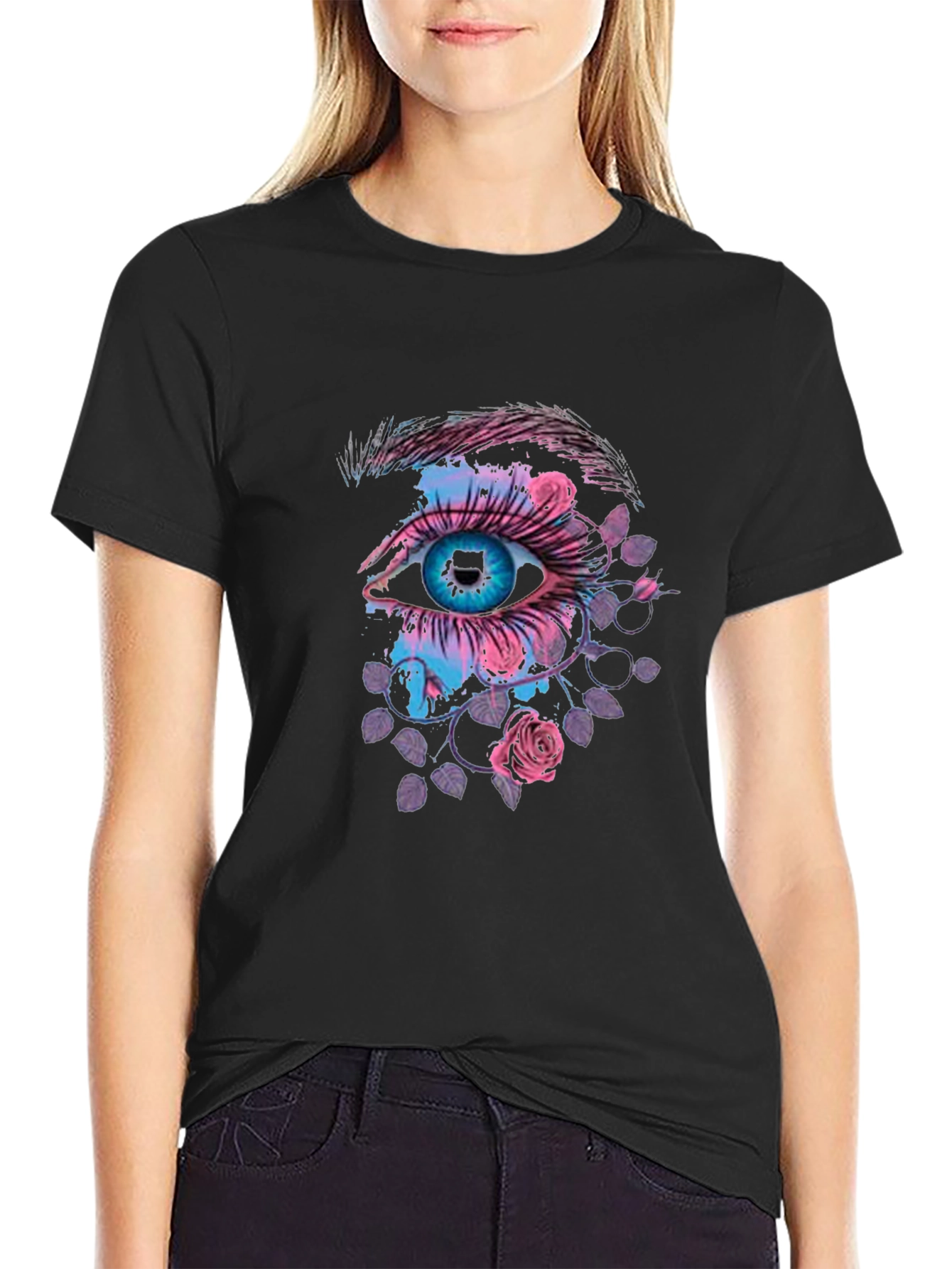 Eye and Roses Graphic Print Black T-Shirt