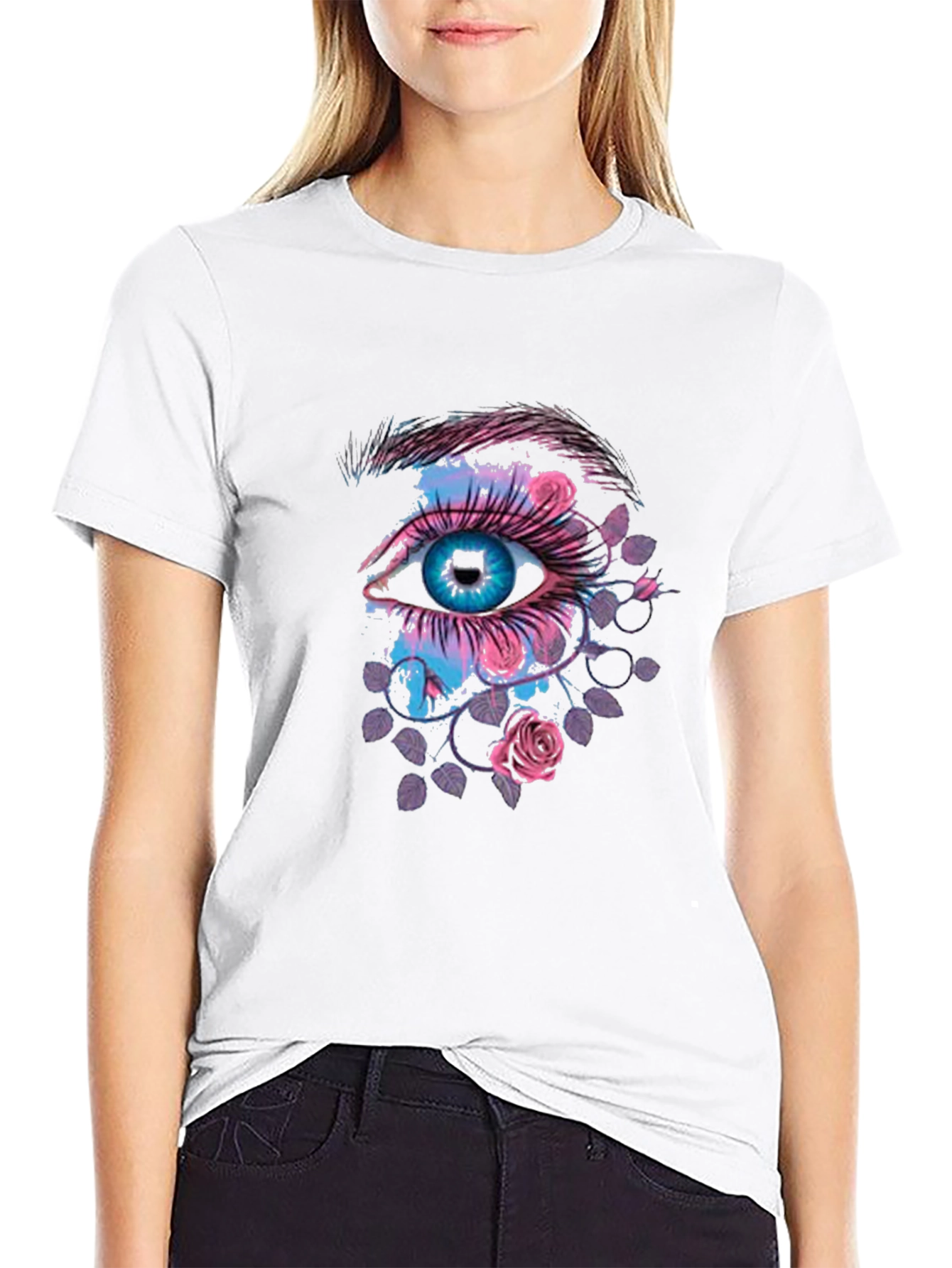 Eye and Roses Graphic Print Black T-Shirt