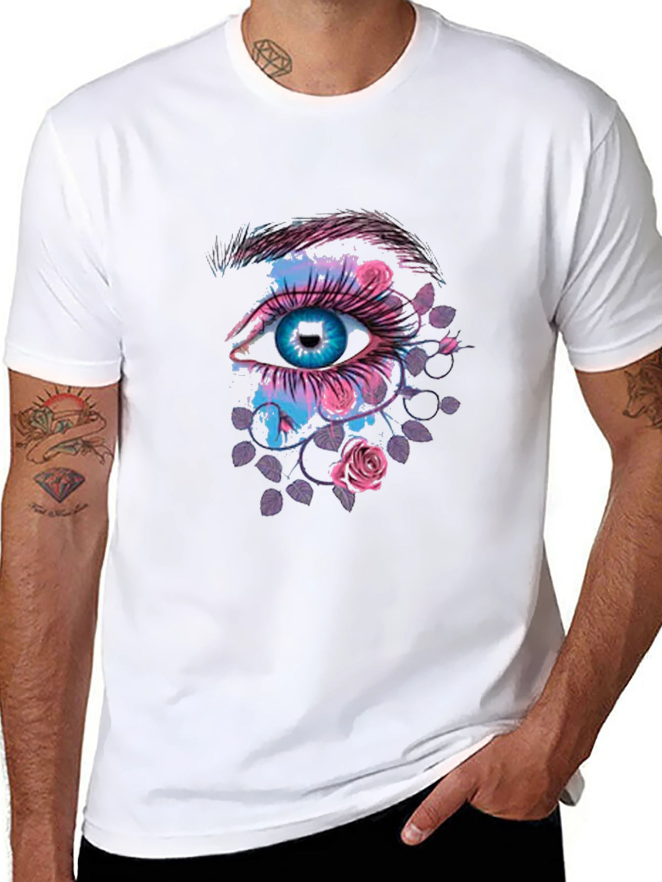 Eye and Roses Graphic Print Black T-Shirt