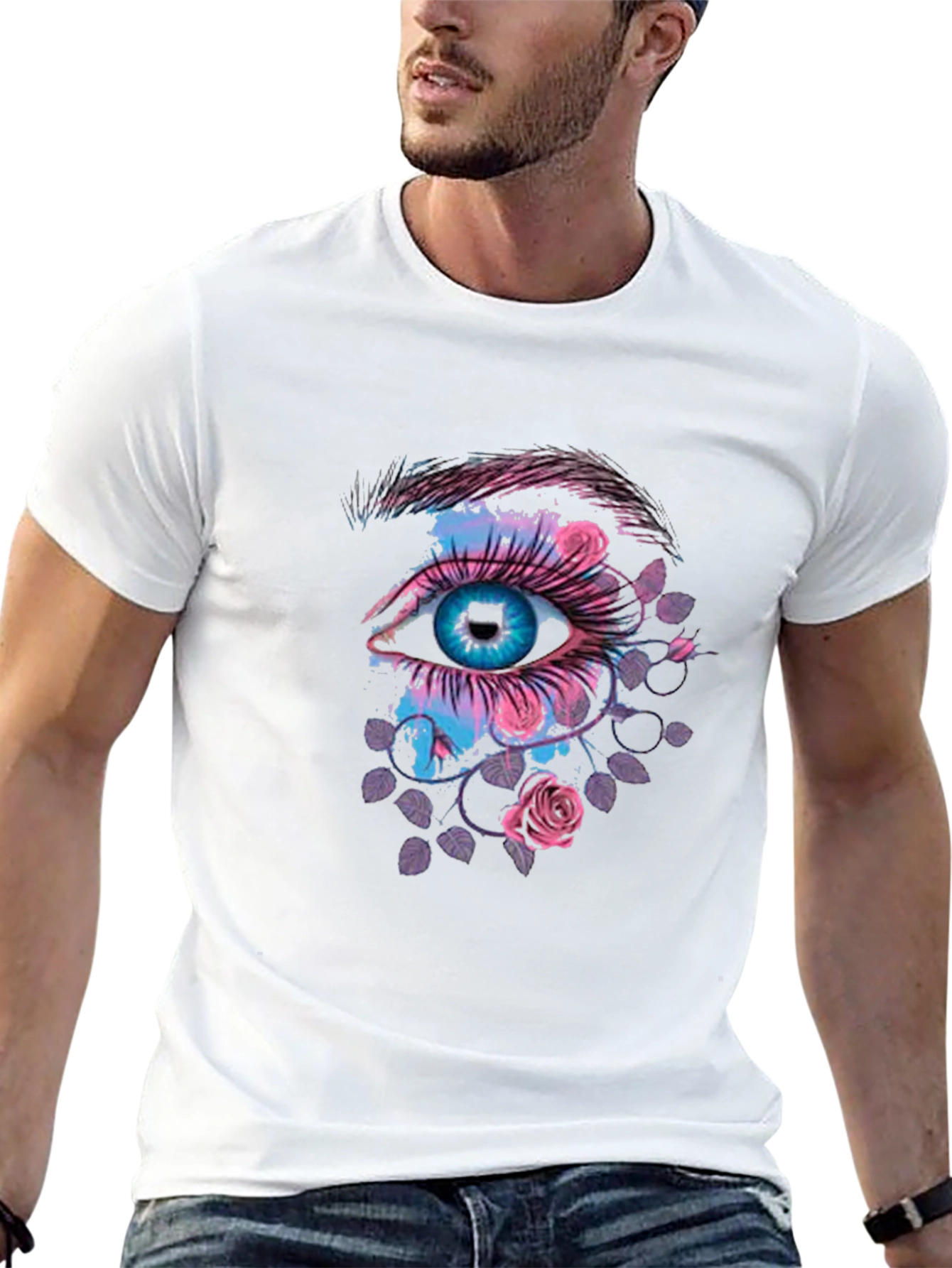 Eye and Roses Graphic Print Black T-Shirt