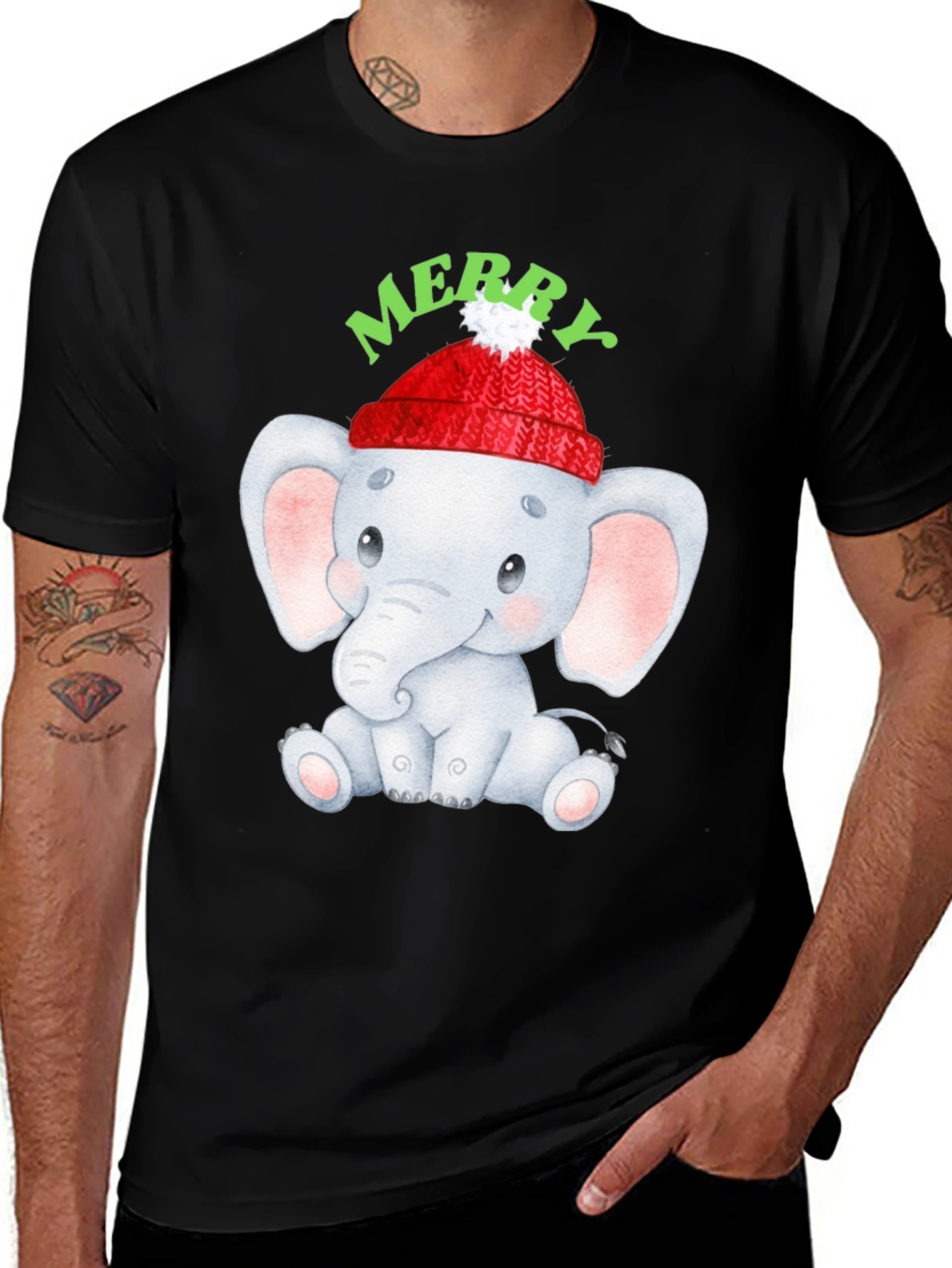 Cute Elephant Merry Christmas Graphic Tee